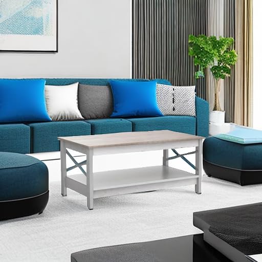 Modern Farmhouse Coffee Table with Storage - 2-Tier Wooden Living Room Center Table, Grey Wash, Sturdy Frame | Accent Cocktail Table for Living Room, Farmhouse Decor, Small Space Furniture