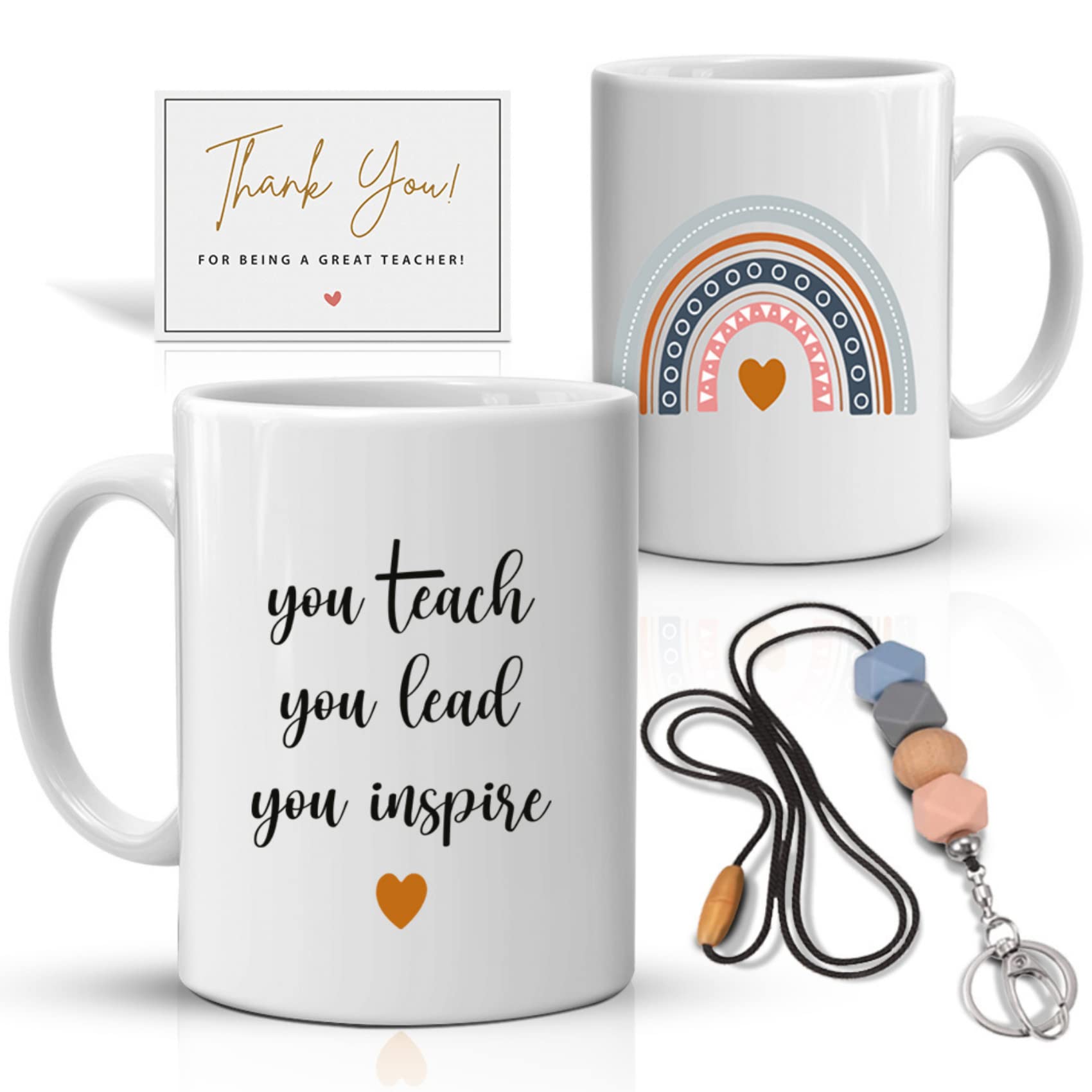 Personalized Thank You Teacher Gift Set - 3-Piece Coffee Mug, Lanyard & Card - Best Teacher Appreciation Gift for Women - Teacher Survival Kit from Student - Perfect for End of Year, Christmas & Teacher Appreciation Week