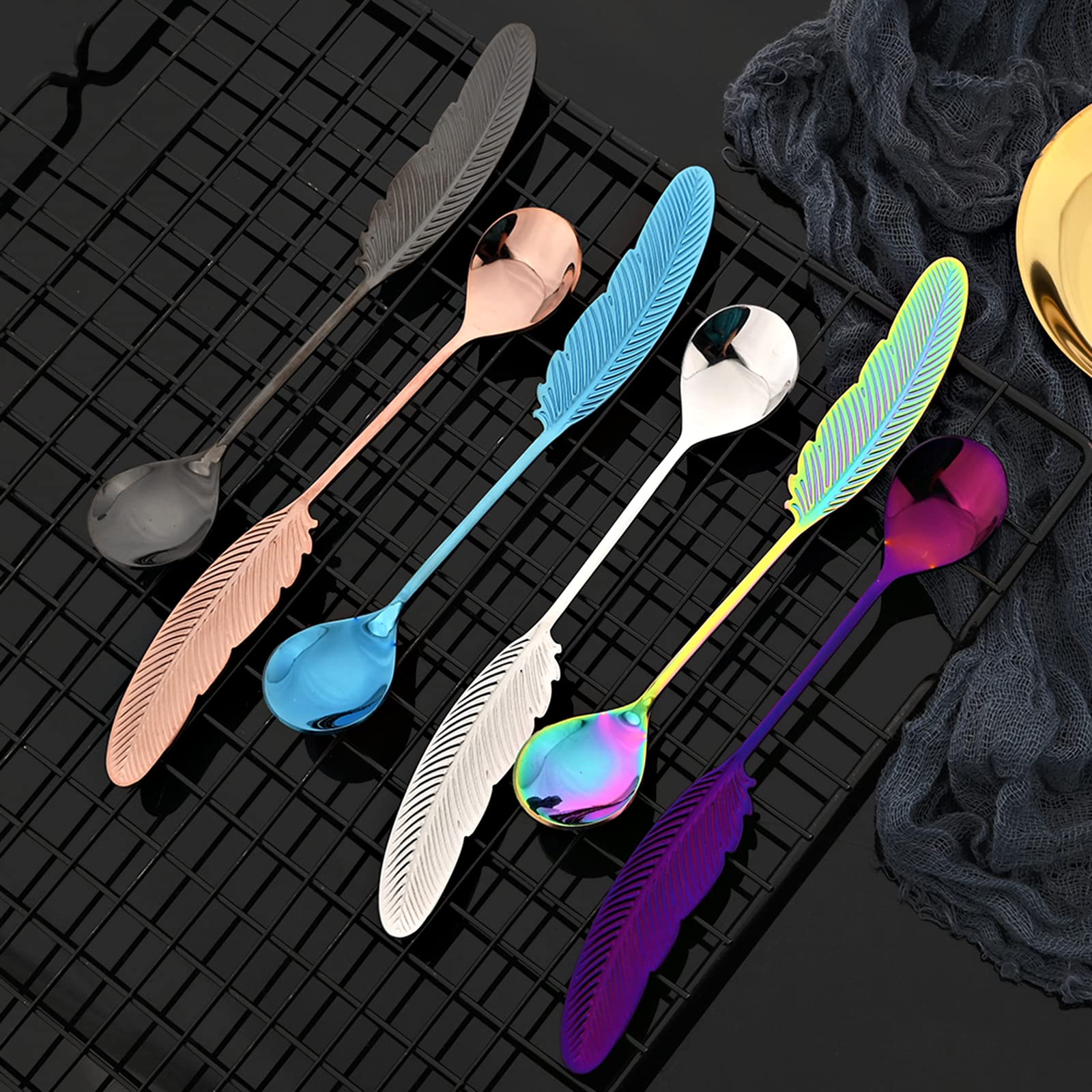 JASHII 8-Piece 304 Stainless Steel Silver Feather Coffee Spoon and Appetizer Fork Set - Mini Dessert Utensils for Stirring, Mixing, Fruit, Cake, Coffee, Tea - Perfect for Home, Cafe, Restaurant, and Party Use