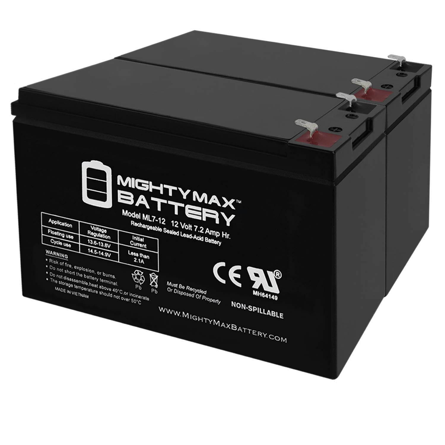 Mighty Max 12V 7.2AH Sealed Lead Acid (SLA) Replacement Battery for Liftmaster Mega Sprint (MASDCBB) - 2 Pack - Perfect for Garage Door Openers, Security Systems & Backup Power