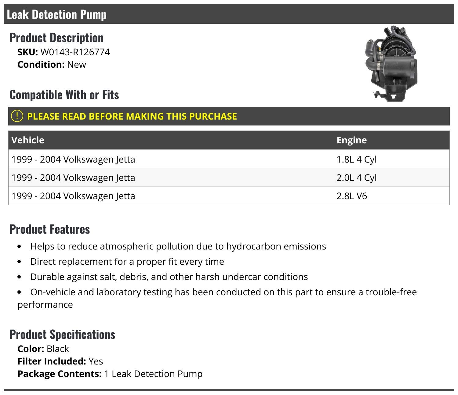 Leak Detection Pump for 1999-2004 Volkswagen Jetta | OEM Replacement Part | Engine Diagnostic Tool for Fuel System Testing & Repair | Perfect for Mechanics & DIY Car Maintenance
