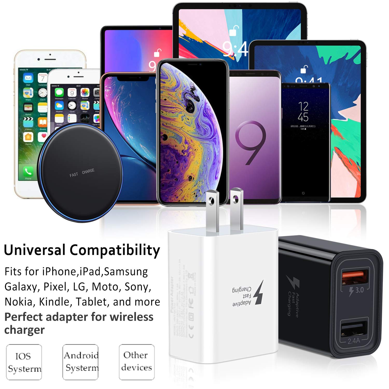 Pofesun 2-Pack QC3.0 Fast USB Wall Charger - Quick Charge 3.0 Power Adapter for iPhone 15/14/13/12 Pro Max, Galaxy S23/S22/Note 20 - Dual Port Charging Block (Black & White) - Perfect for Home, Office & Travel Charging