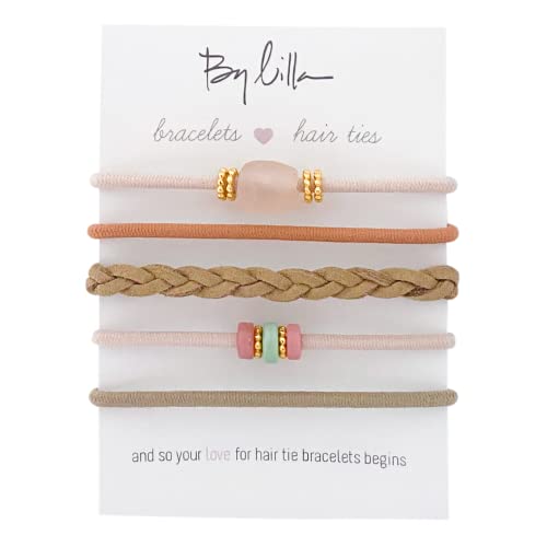 Lilla Quartz Mini Stack Elastic Hair Ties & Bracelets Set of 5 - No Crease Hair Accessories for Women - Adjustable Fashion Jewelry Bracelets - Gold   Perfect for Workouts, Office Wear, and Everyday Fashion Accessories