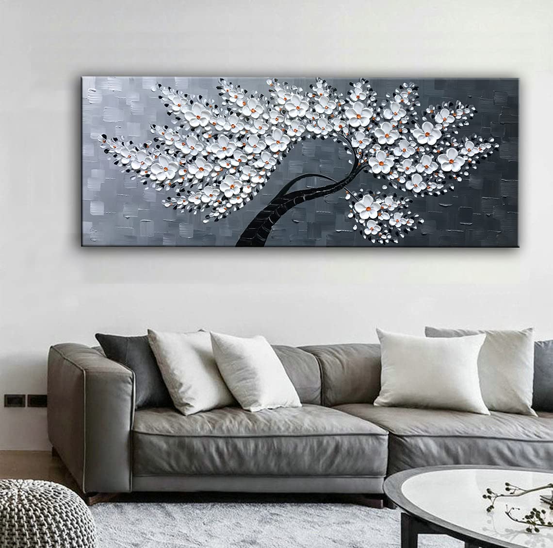 JELRINR Handmade Original Large Contemporary Oil Painting on Canvas - White Flower Tree Abstract Wall Art for Living Room Decor (24x60 Inches) | Perfect for Modern Home, Office & Gallery Display