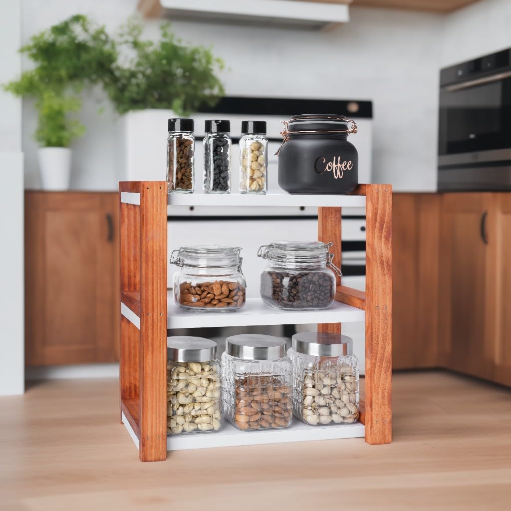 ABTRIX 3-Tier Wooden Spice Rack Organizer - Countertop & Desktop Storage for Kitchen, Pantry, Office - Perfect for Organizing Spices, Seasonings, Herbs & Small Items (Medium Size) - Ideal for Home, Kitchen Counter, Pantry Organization & Office Desk Accessories