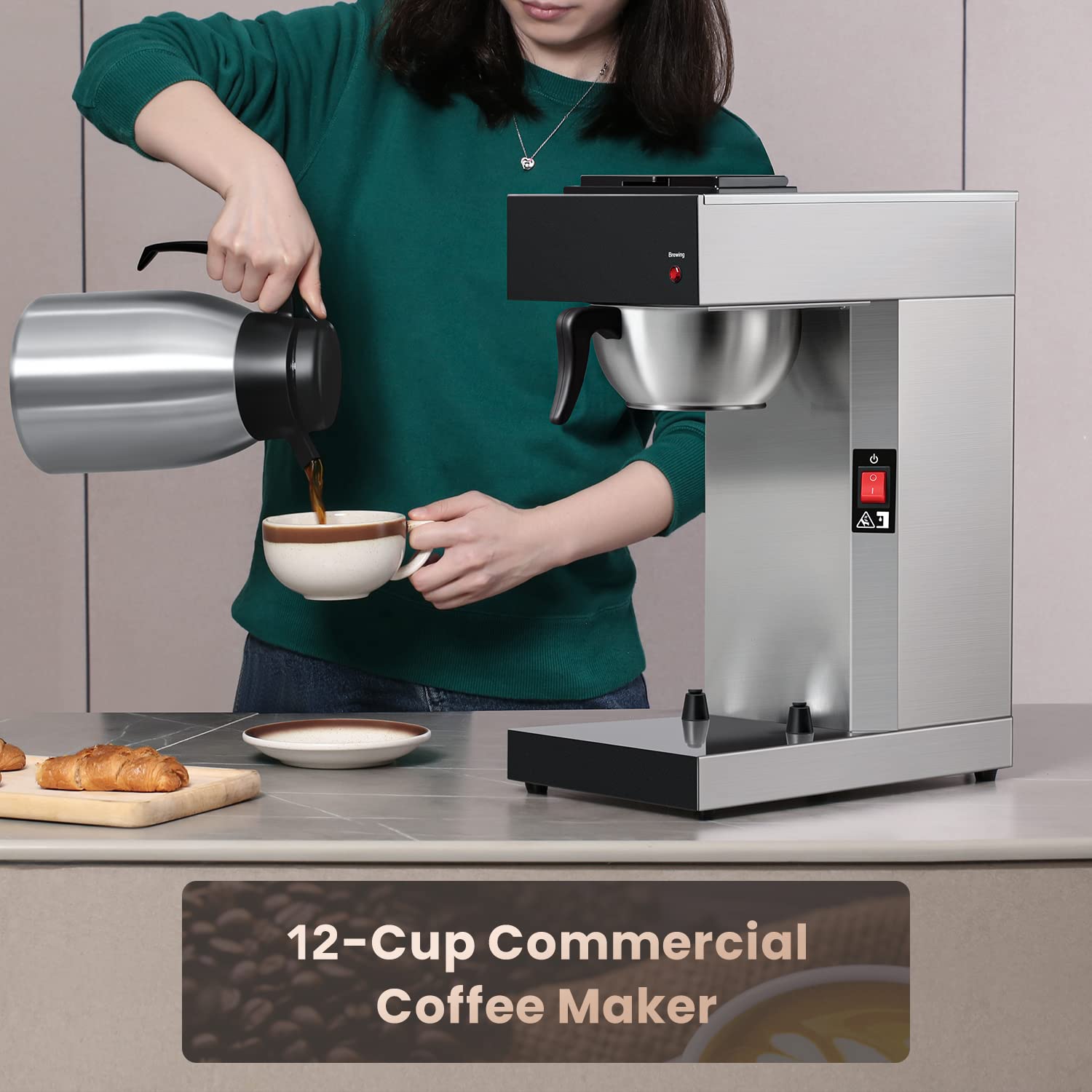 SYBO 12 Cup Commercial Coffee Maker with 74Oz Stainless Steel Thermal Carafe - Drip Coffee Brewer for Office, Restaurant & Home Use (Model SF-CB-1AA) | Perfect for Large Gatherings, Breakfast Service & Daily Coffee Brewing