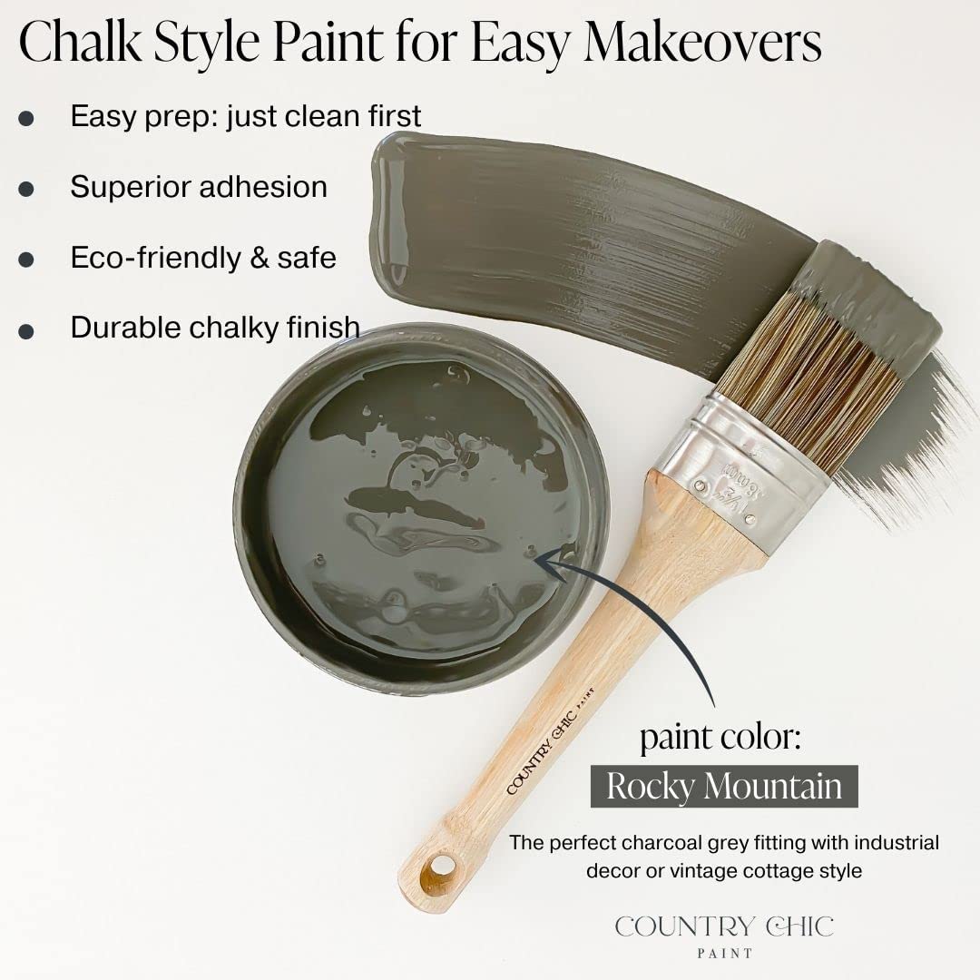 Chalk Style Paint + Clear Coat + Paint Brush Set - DIY Furniture Makeover, Home Decor & Craft Projects - Rocky Mountain Charcoal Grey (16 oz) - Perfect for Upcycling, Cabinets, Wooden Signs & More
