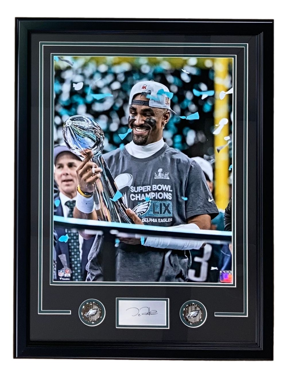 Jalen Hurts Autographed 16x20 Framed Photo - Philadelphia Eagles Super Bowl 59 Trophy Celebration with Laser Authentication - Perfect for Eagles Fans, Man Cave Decor, Sports Memorabilia Collection