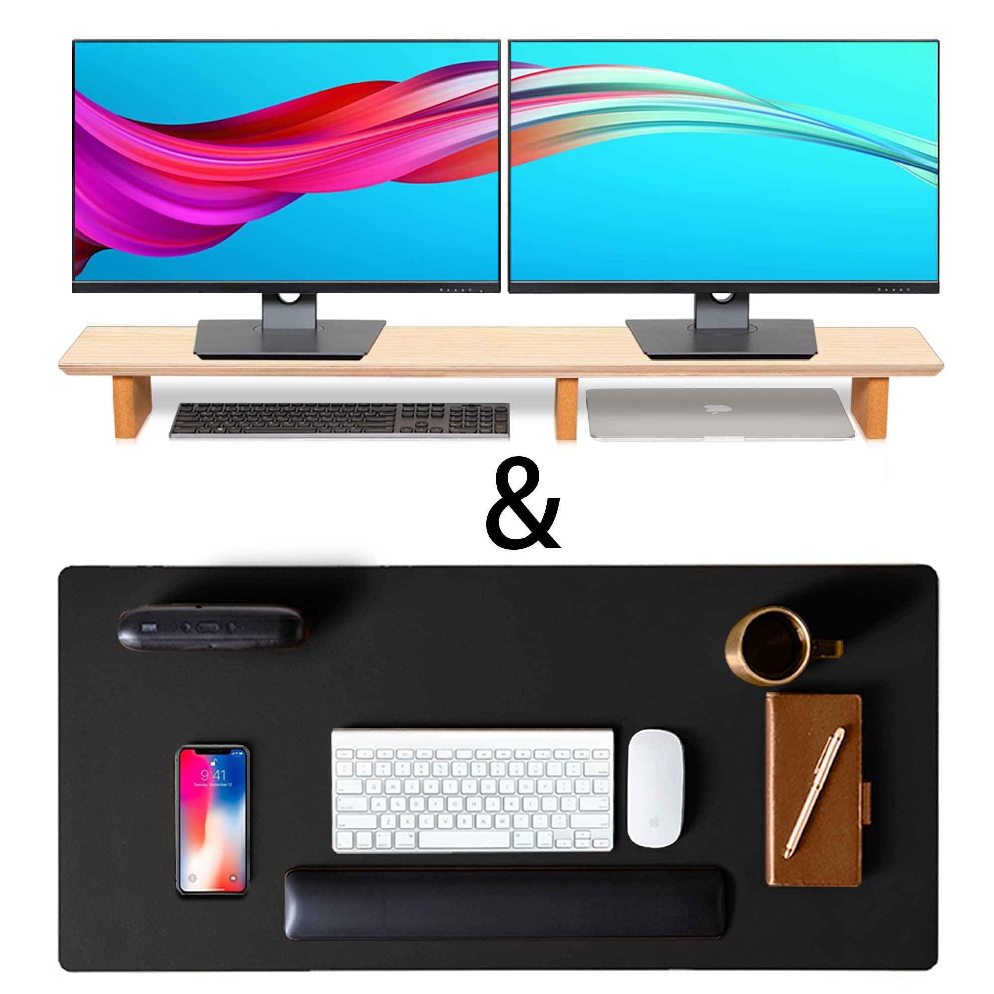 Premium Leather Desk Pad & Monitor Stand - Ergonomic Office Accessory for Laptop & Computer Setup - Perfect for Home & Office Workspace Organization