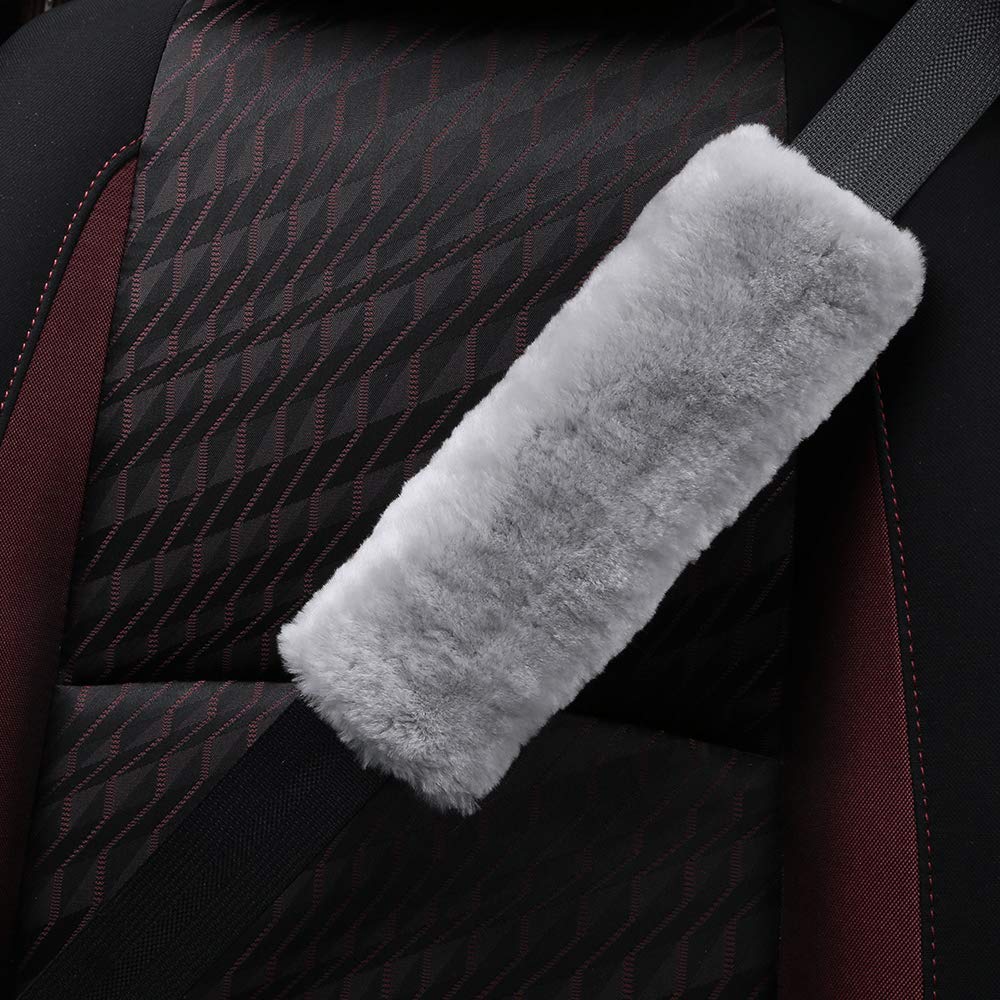 Genuine Merino Wool Car Seat Belt Pad - 2 Pack Soft Shoulder & Neck Protector for Comfort & Safety | Natural Sheepskin Cover for Long Drives & Road Trips (Misty Gray)