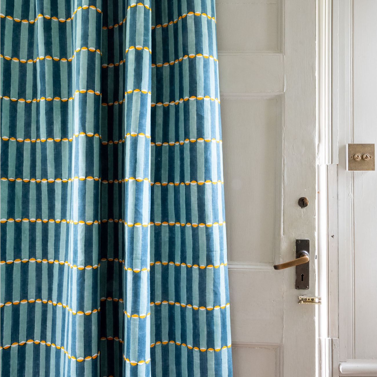 Luna Block Printed Fabric Linen - Blue & Yellow Cotton Blend for DIY Crafts, Home Decor, and Fashion Accessories