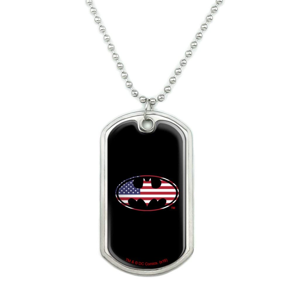 Batman USA American Flag Shield Logo Military Dog Tag Pendant Necklace with Chain - Patriotic Superhero Jewelry for Men & Women - Perfect for Cosplay, Gift Giving & Comic Conventions