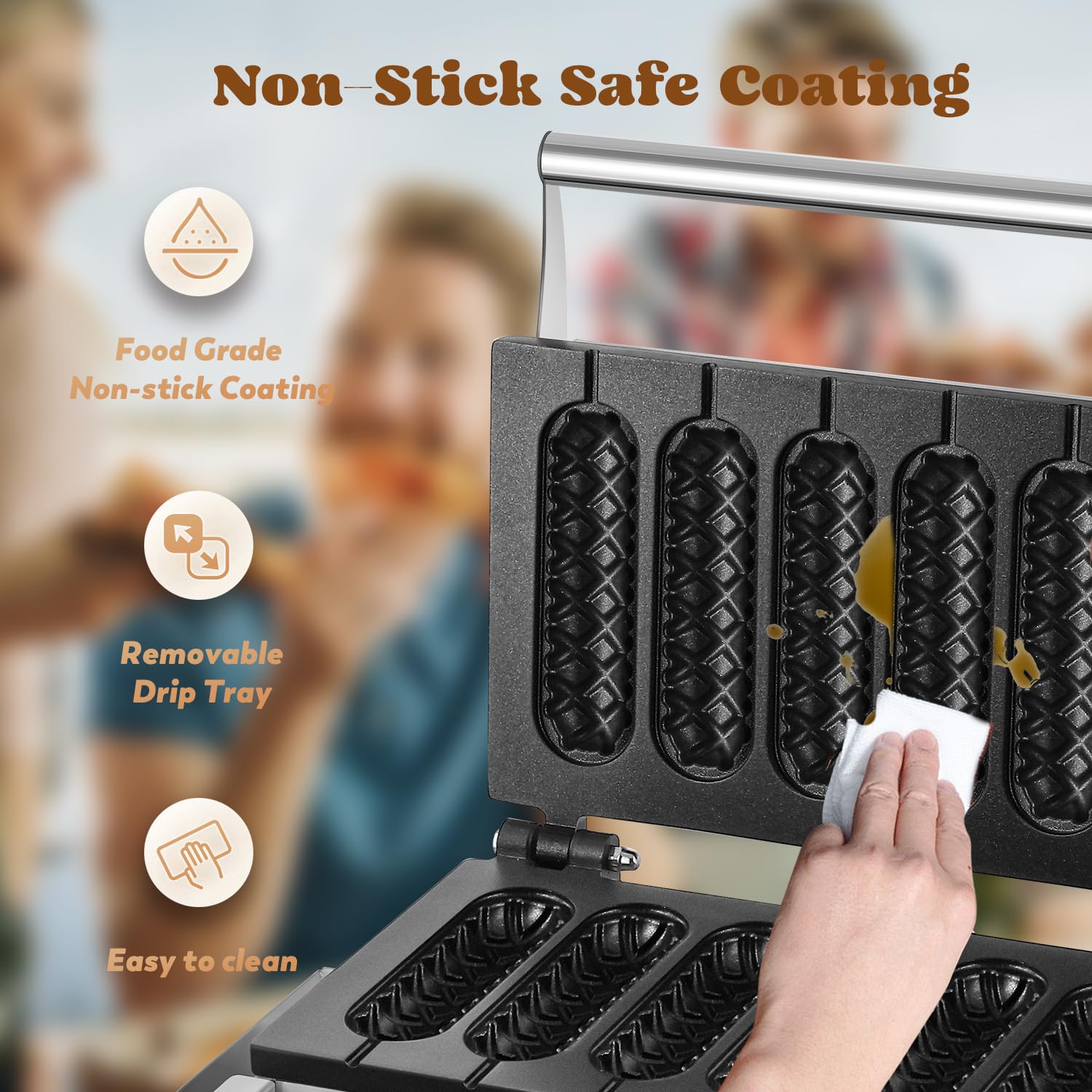 Commercial Corn Dog Waffle Maker Machine - 6 PCS 1550W Stainless Steel Waffles on a Stick Maker with 50-300℃ Temperature Control & 5-Min Timer - 110V White - Perfect for Fairs, Carnivals, Food Trucks & Home Breakfast