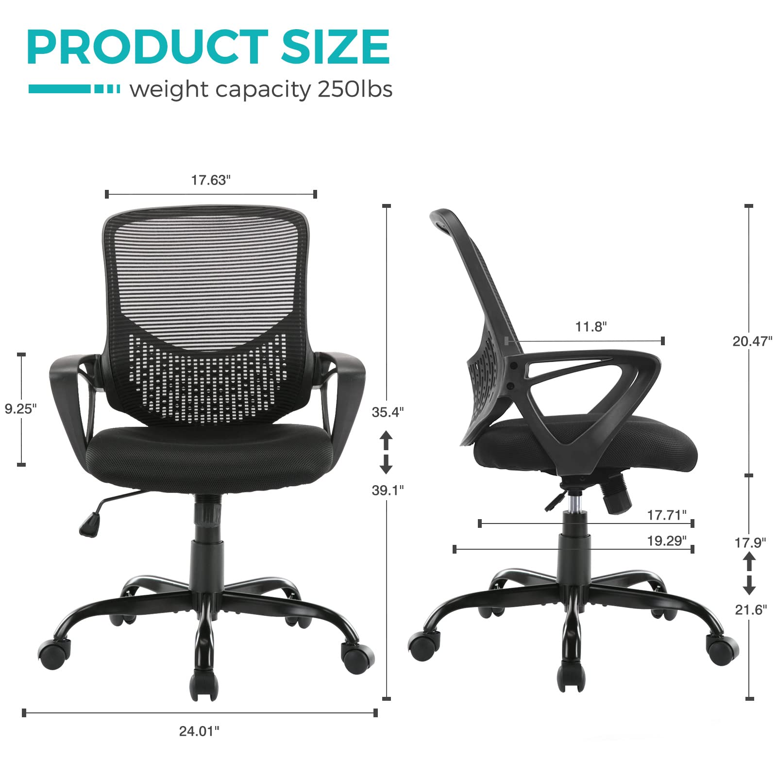 Ergonomic Office Chair with Mesh Back - Adjustable Computer Desk Chair for Home Office, Gaming & Work - Mid Back Task Chair for Comfort & Support