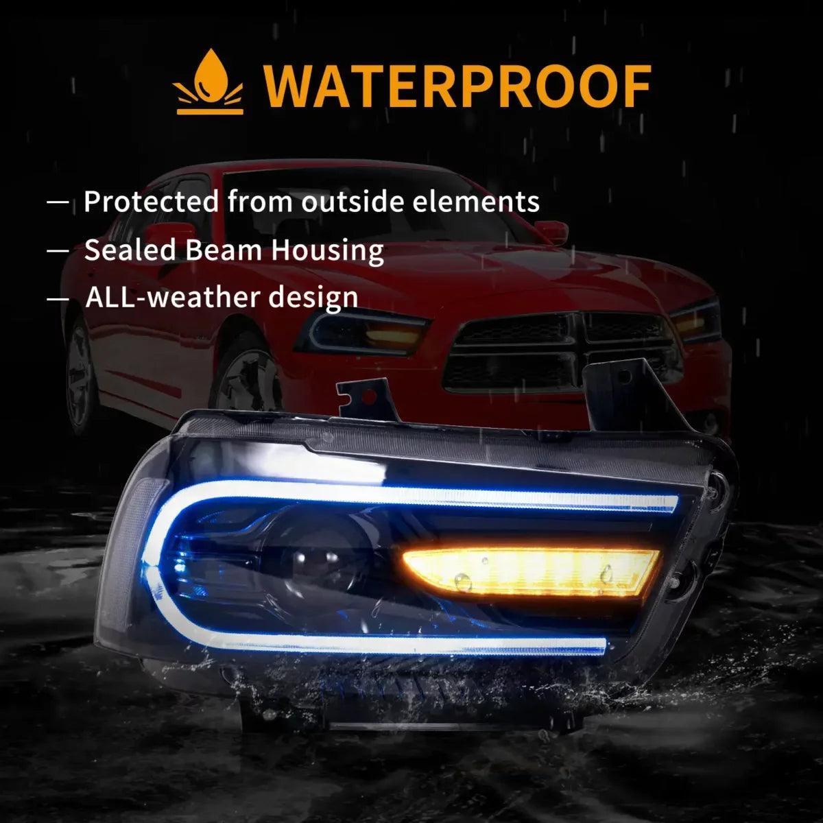 RGB LED Headlight Assembly with Dual Beam Projector - Compatible with 2011-2014 Dodge Charger (LD) - Black Housing - Upgrade for Night Driving & Car Customization