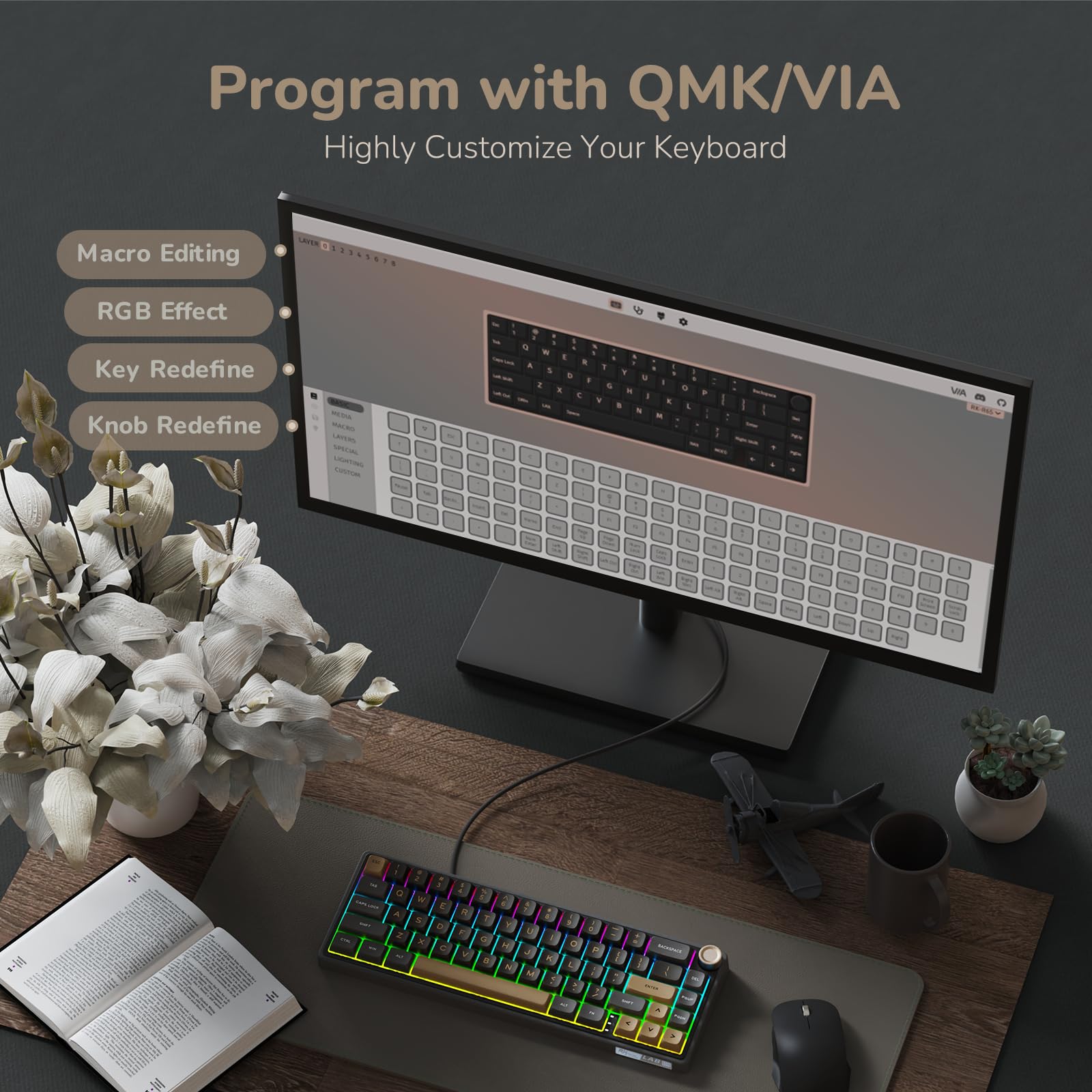 RK R65 60% RGB Mechanical Gaming Keyboard - Hot Swappable, PBT Keycaps for PC Gaming & Typing