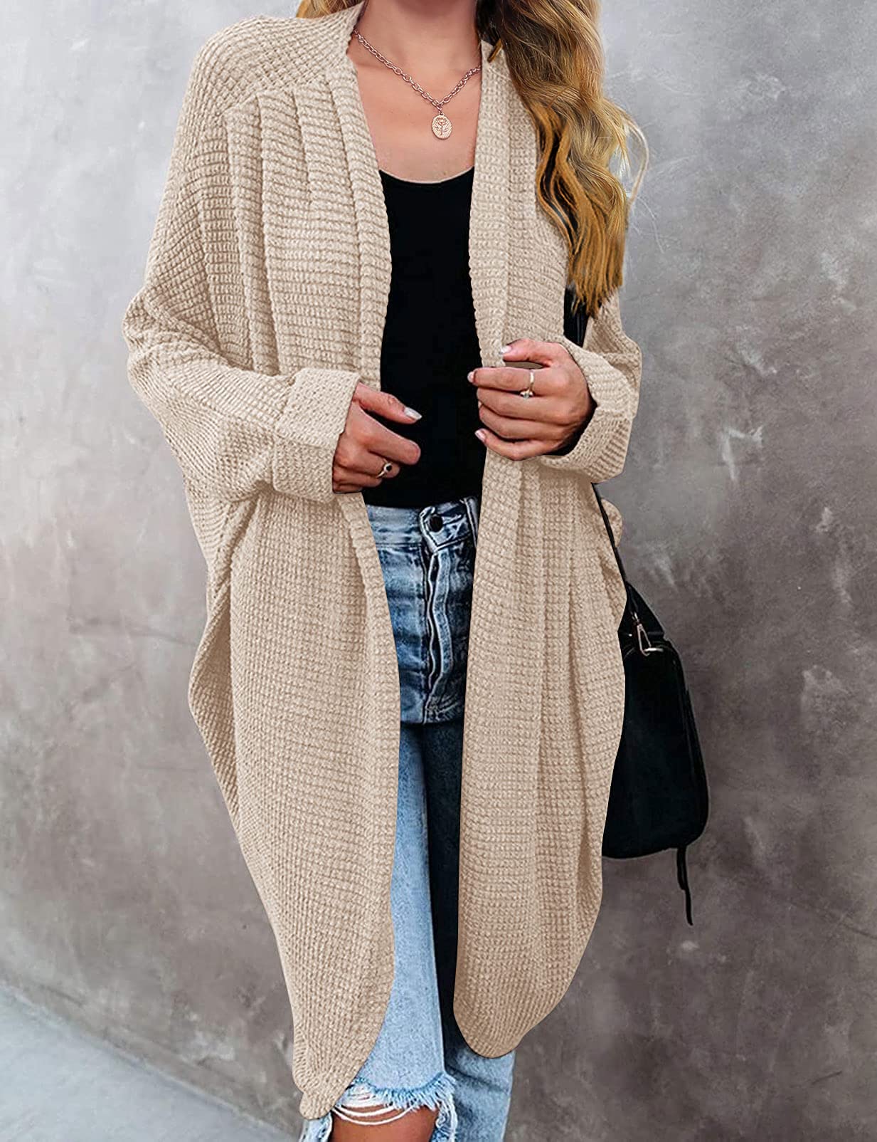 MEROKEETY Women's 2024 Fall Waffle Knit Batwing Long Sleeve Cardigan - Loose Open Front Sweater Coat for Casual Outfits & Layering | Perfect for Office, Coffee Dates and Autumn Strolls