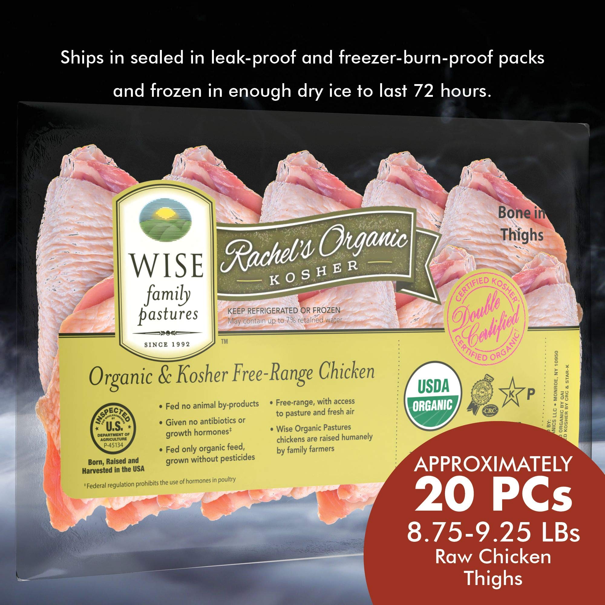 Certified Organic Free Range Chicken Thighs with Bone and Skin - Glatt Kosher, Non-GMO, 8.75-9.25 lbs (Approx. 20 Pieces) - Perfect for Grilling, Roasting, and Family Dinners