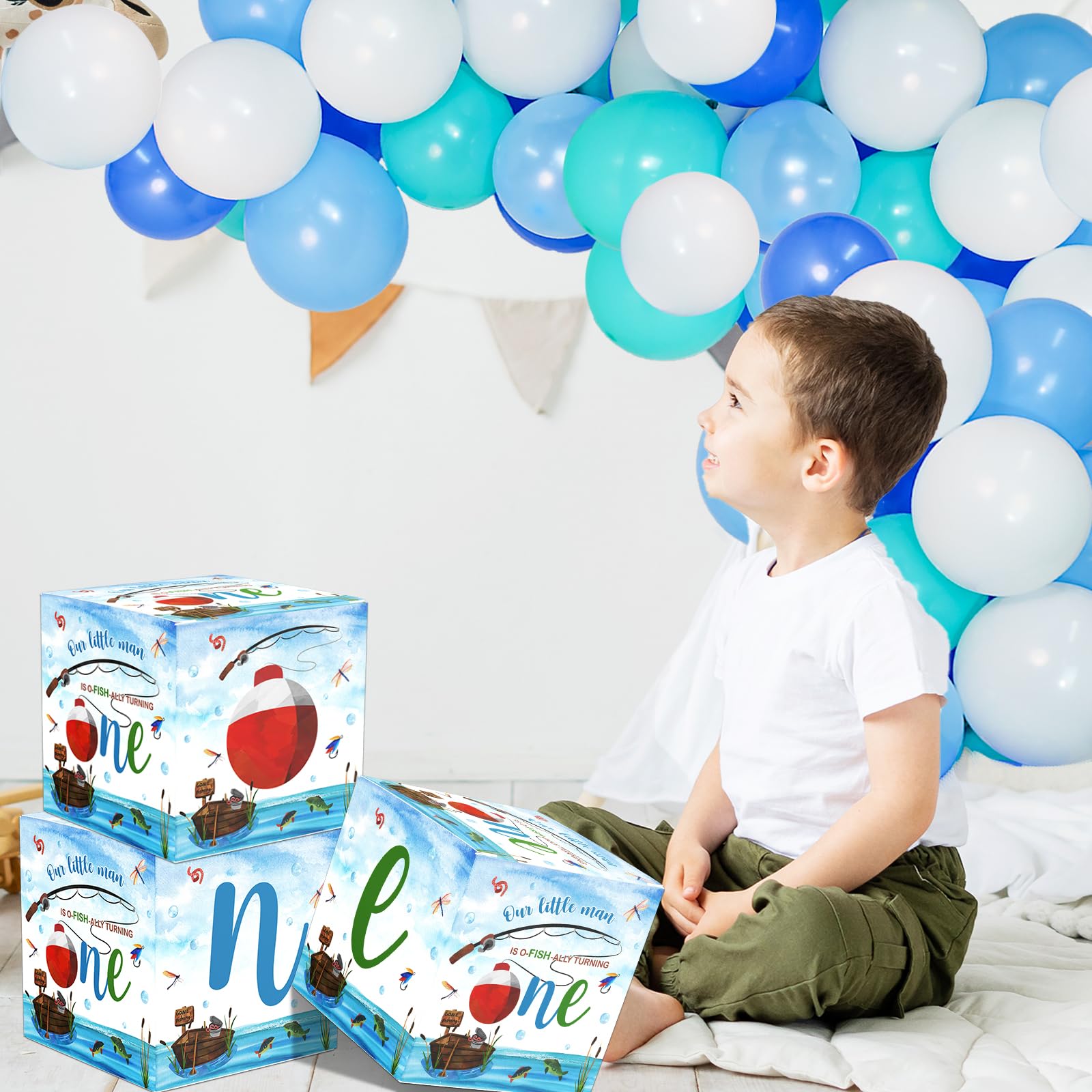 Gone Fishing First Birthday Decorations for Boys - Blue & White Balloon Arch Kit with Latex & Foil Balloons - Fishing Themed Party Supplies for Outdoor, Underwater or Nautical Birthday Celebrations