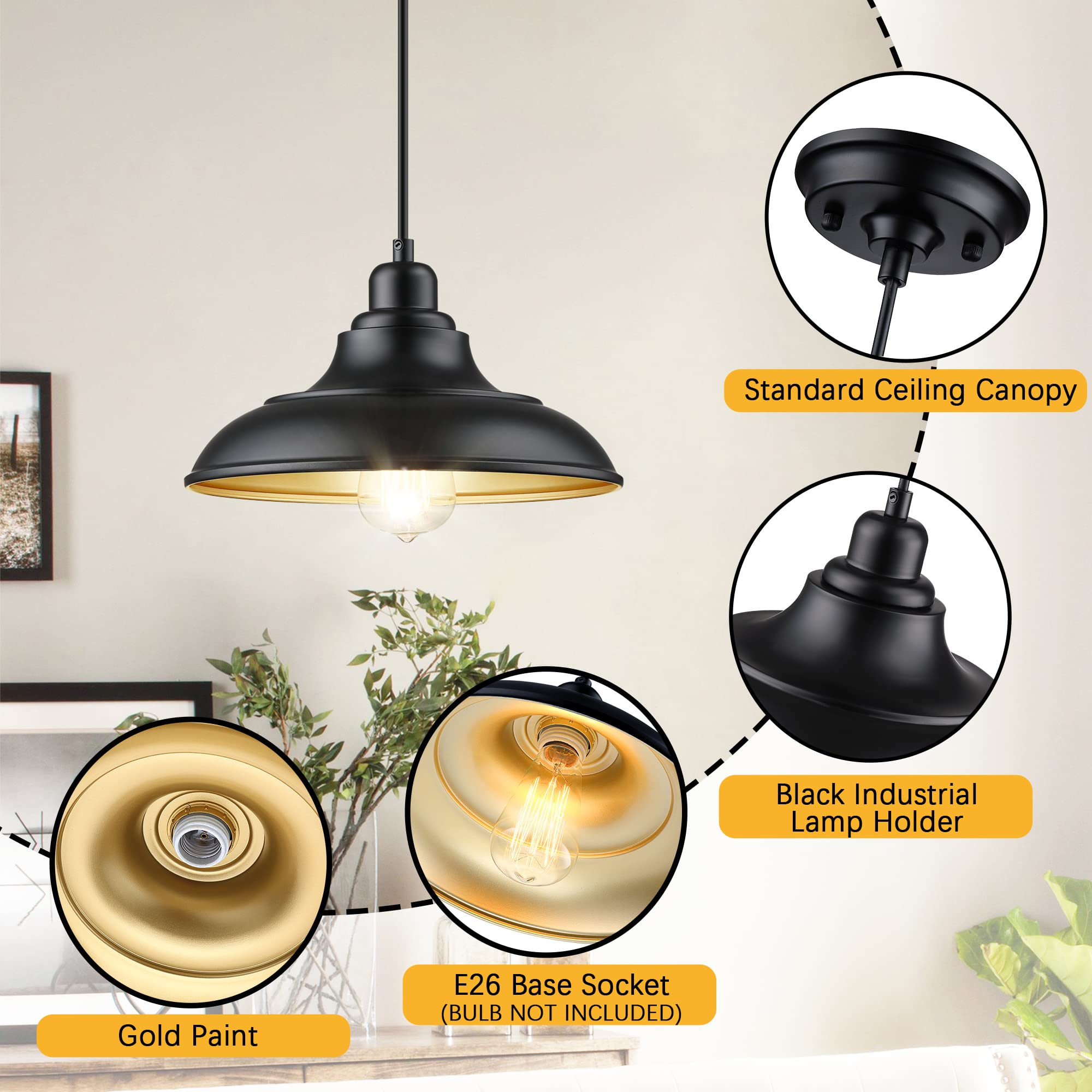 Adjustable Black Metal Pendant Lighting - 2 Pack Farmhouse & Industrial Style Hanging Lamps with E26 Base for Kitchen Island, Dining Room, Barn Decor | Perfect for Rustic Home, Restaurant, and Cafe Lighting