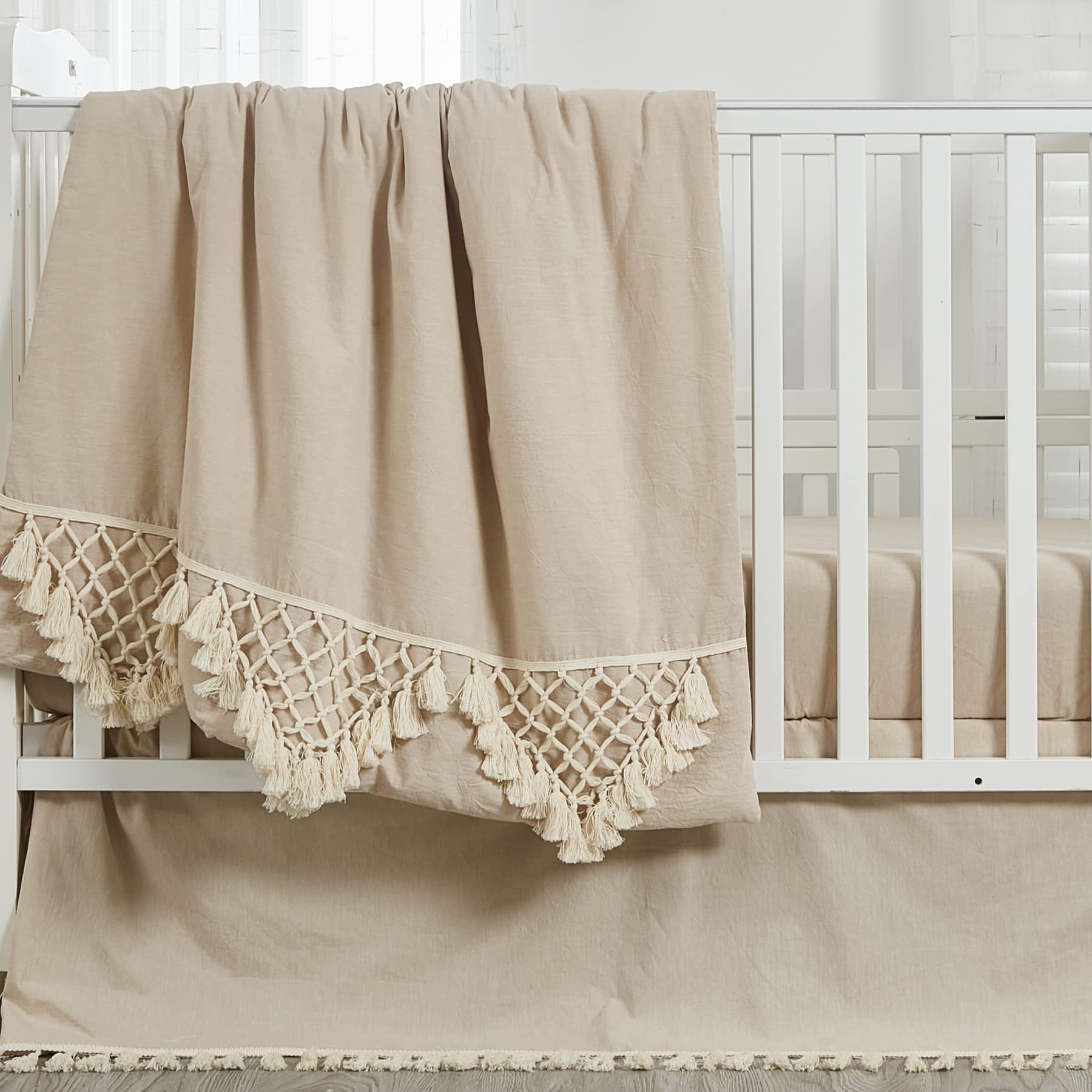Brandream Unisex Bohemian Baby Crib Bedding Set - 6 Piece Beige Farmhouse Nursery Set with Tassel Fringe, 100% Washed Cotton - Perfect for Neutral Nursery, Gender Reveal, and Minimalist Baby Room Decor