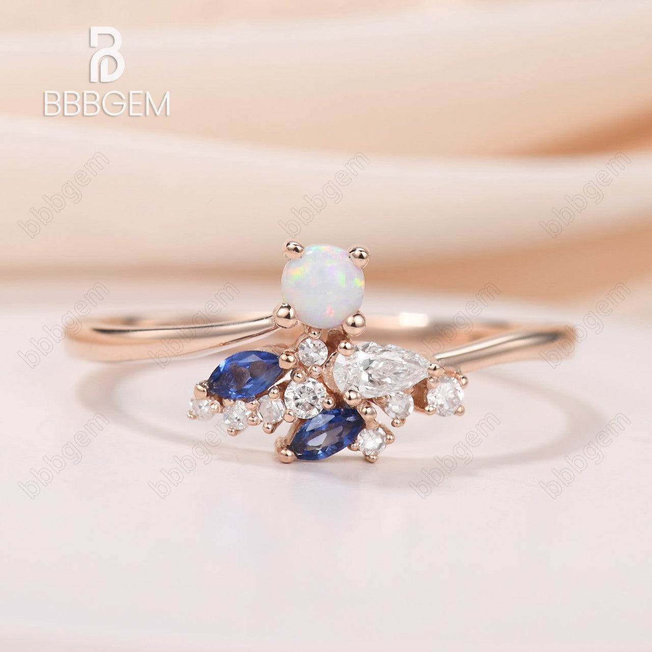 Exquisite Curved Opal Sapphire Diamond Engagement Ring in Rose Gold - Perfect for Proposals, Anniversaries & Romantic Occasions