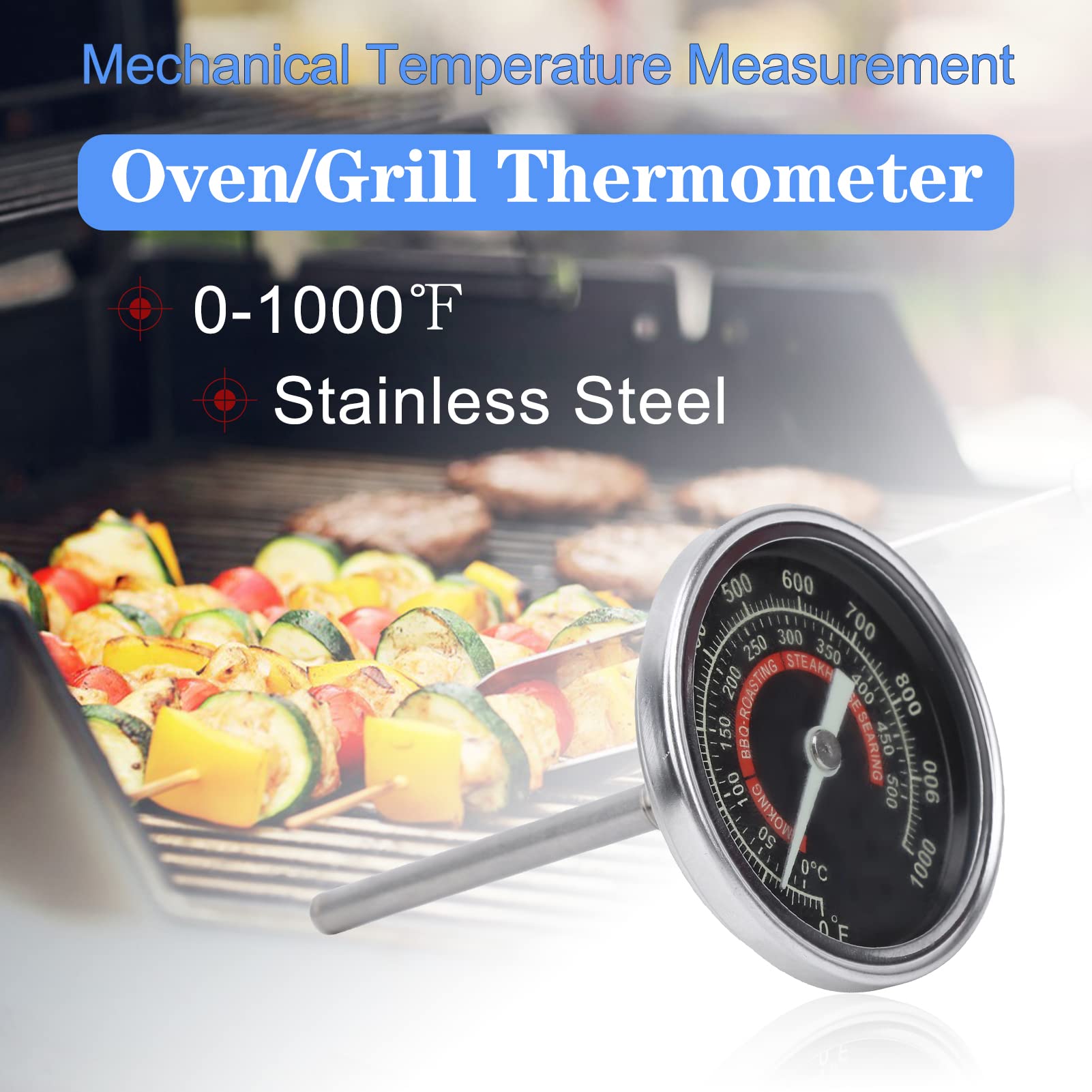 Thincol Oven Thermometer 0-1000°F Stainless Steel BBQ Grill Thermometer - High Accuracy Cooking Temperature Gauge for Baking, Roasting, Grilling - IP55 Waterproof & Durable for Indoor/Outdoor Use