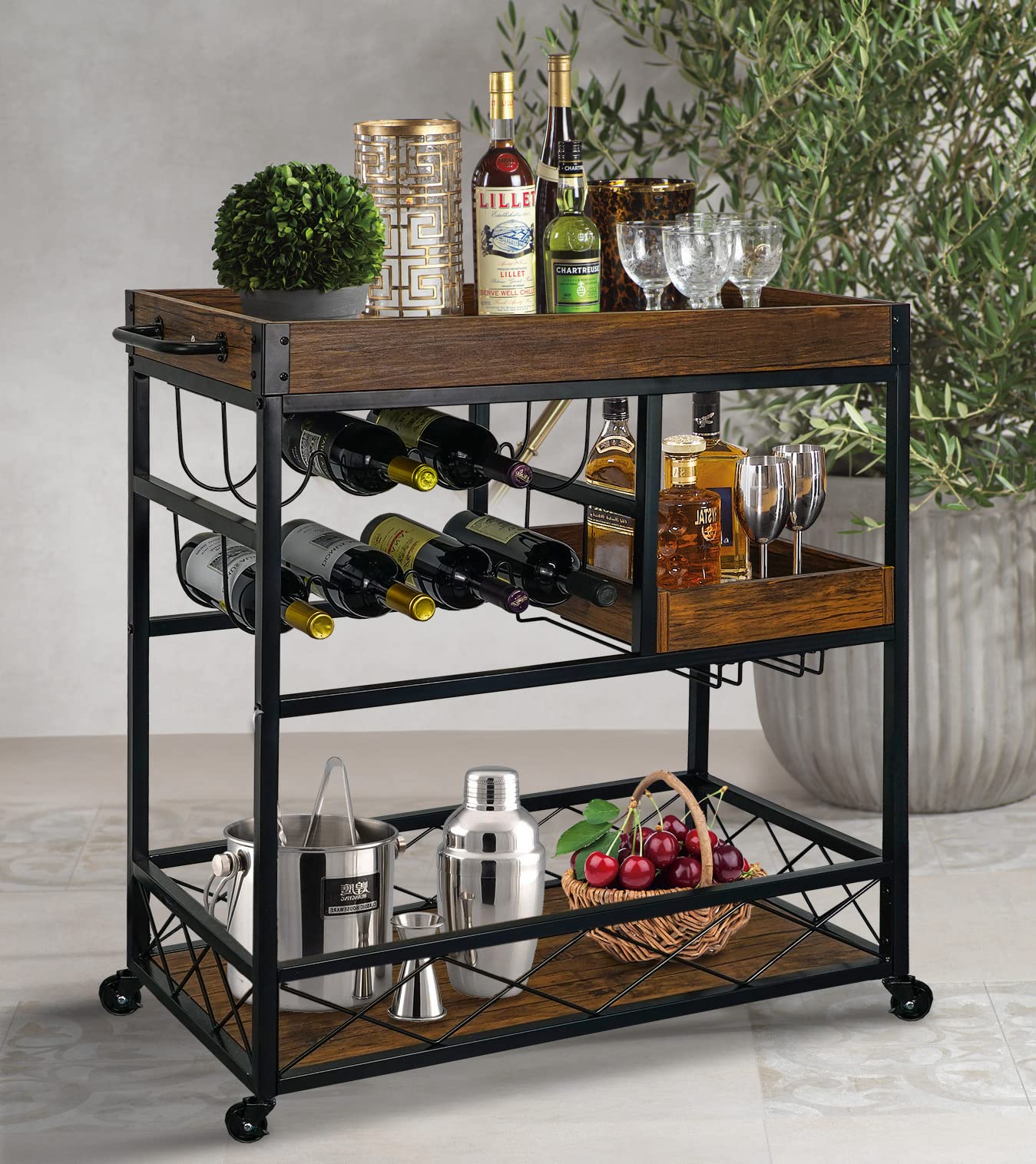 Industrial 3-Tier Bar Cart with Wine Rack & Glass Holder - Rustic Kitchen Serving Cart with Locking Casters, Portable Trays for Home, Party & Restaurant Use