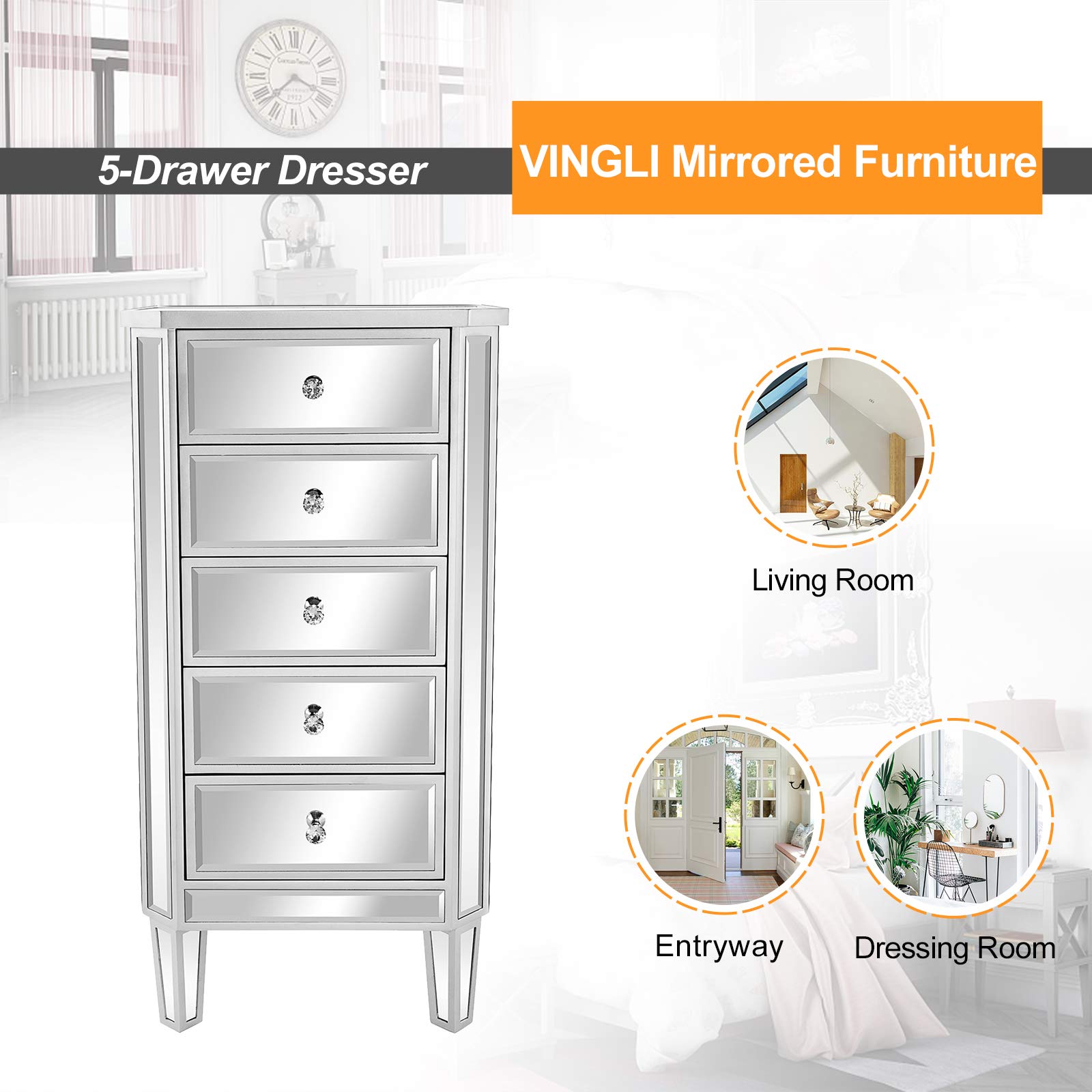 VINGLI 5-Drawer Mirrored Dresser - Modern Glass Chest of Drawers for Bedroom, Silver Finish | Perfect for Dressing Room, Living Room & Bedroom Storage