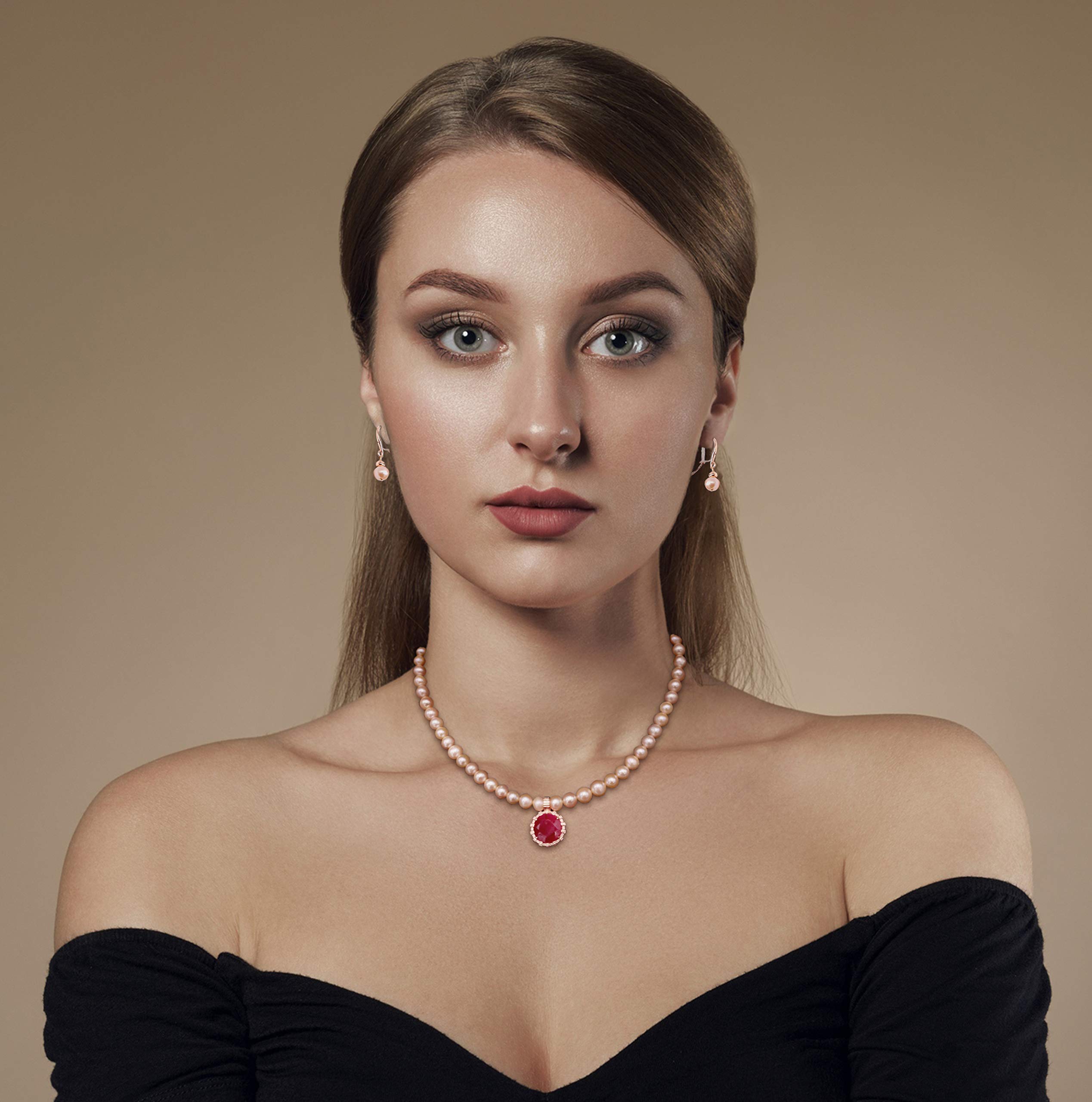 Peach Pearl & Natural Ruby Pendant Necklace Set - July Birthstone Jewelry, Bridal & Valentine's Day Gift for Her by Uniquelan | Perfect for Weddings, Anniversaries & Special Occasions