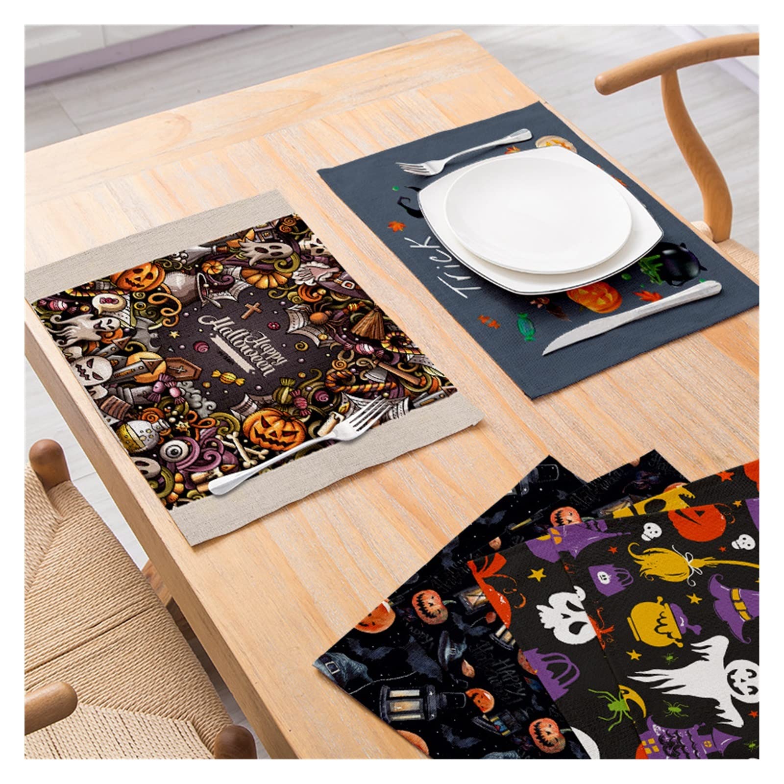 Halloween Cotton Linen Placemats Set of 6 - Pumpkin Spider Black Cat Design, Heat Resistant & Washable Kitchen Table Mats for Halloween Party Dining, Home Decor, Thanksgiving Dinner