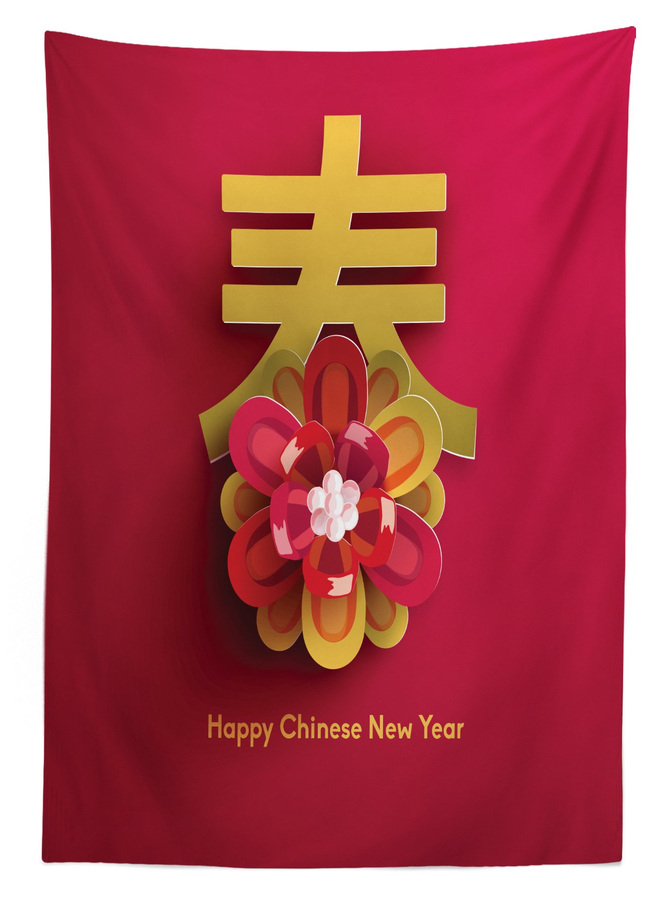 Ambesonne Chinese New Year Tablecloth - Lunar Festival Floral Design with Pink Background & Chinese Characters - 58