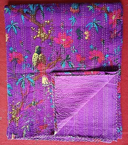 Handmade Indian Cotton Kantha Quilt - Reversible King Size 108x108 Inch Purple Bedspread with Bird Print | Boho Chic Throw Blanket for Bedroom Decor, Sofa Cover & Cozy Home Accent