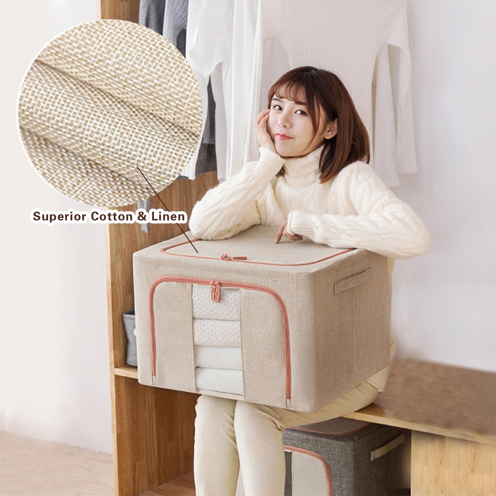 66L Steel Frame Storage Box with Clear Window - Extra Large Cloth Storage Organizer for Quilts, Blankets & Clothes - Foldable Fabric Wardrobe with Sturdy Zippers (Beige) | Perfect for Bedroom Closet, Seasonal Storage & Travel Organization