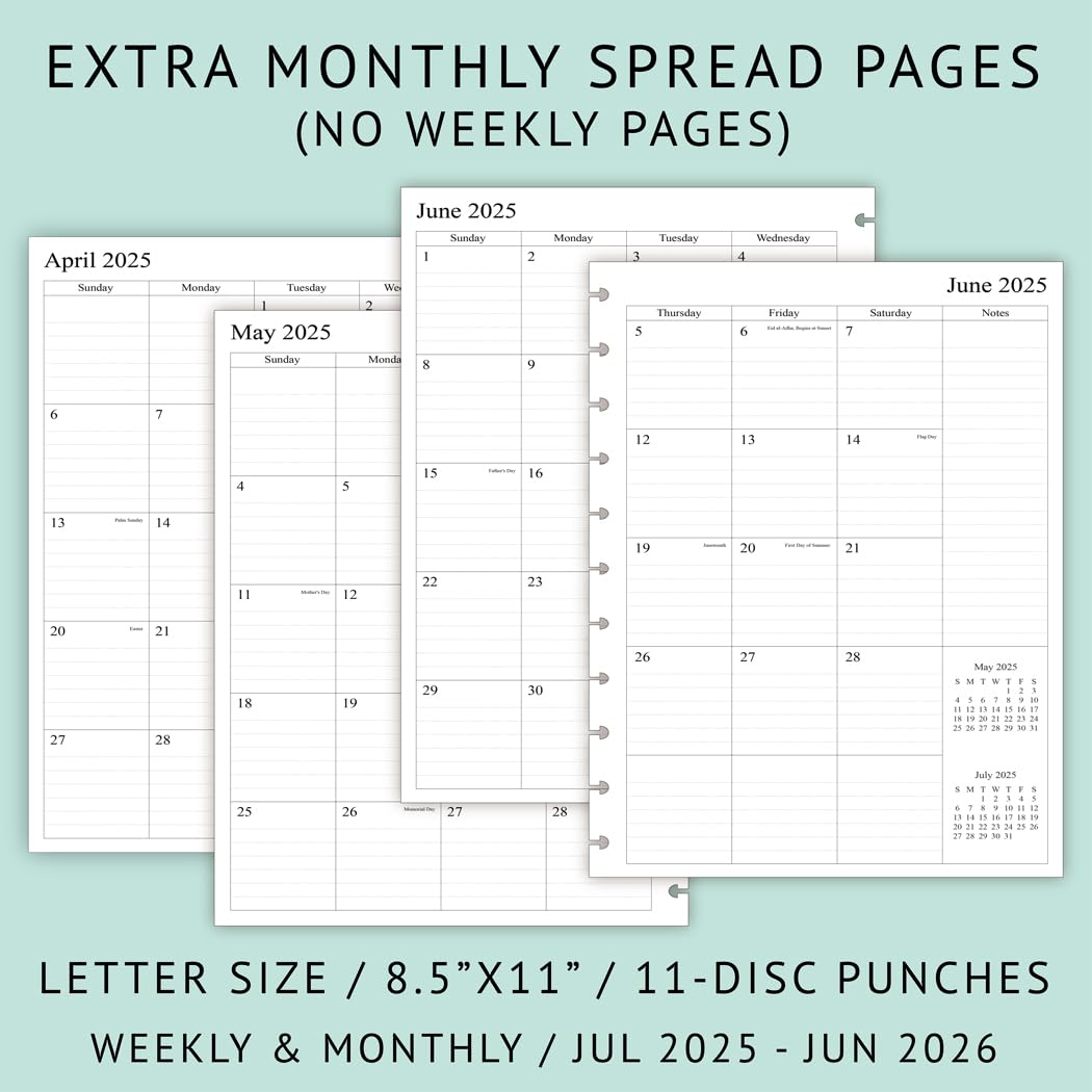 2025-2026 Weekly Planner Refill Pages for 11-Discbound Notebooks | July 2025 - June 2026 Calendar | Monthly Tabs & 11-Disc Punch Holes | Letter Size 8.5