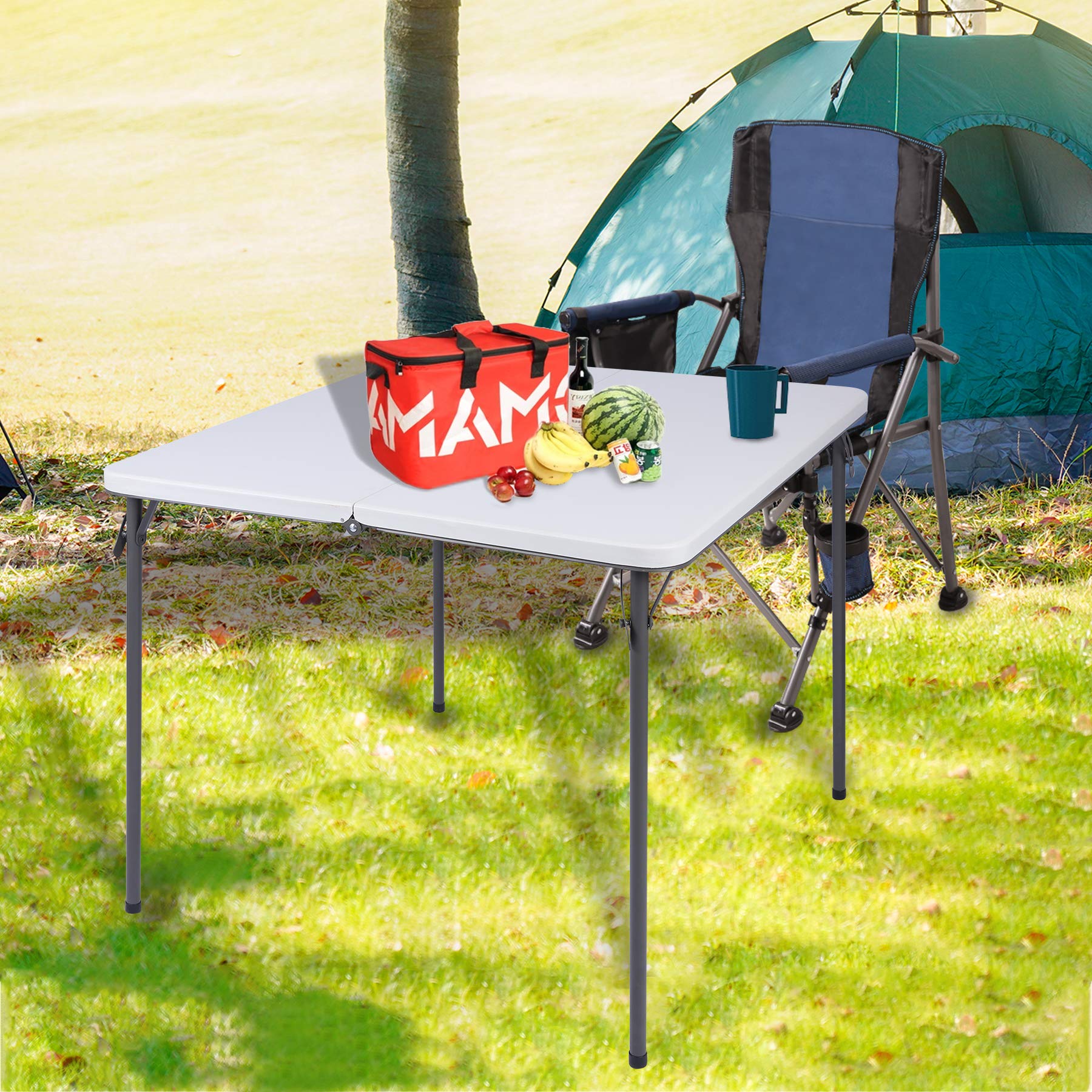 REDCAMP 34 Inch Square Folding Card Table with Durable Resin Top - Portable Half-Fold Design with Collapsible Legs - Perfect for Indoor & Outdoor Game Nights, Parties, Camping and Picnics - White