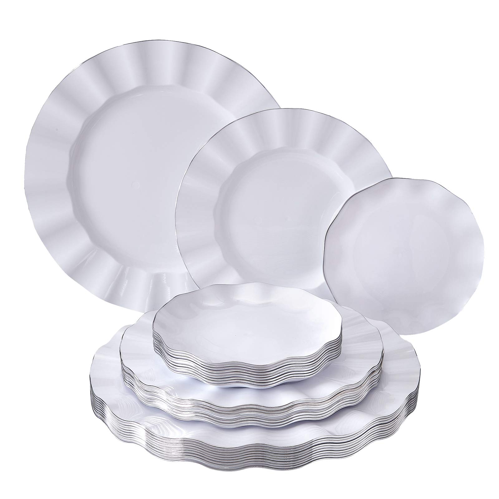 30-Piece Disposable Dinnerware Set - 10 Dinner Plates, 10 Salad Plates, 10 Dessert Plates | Heavyweight Plastic Dishes with Fine China Look | Elegant Wedding, Party & Holiday Dining Tableware (Veil Collection - White) for Events, Catering & Home Entertaining