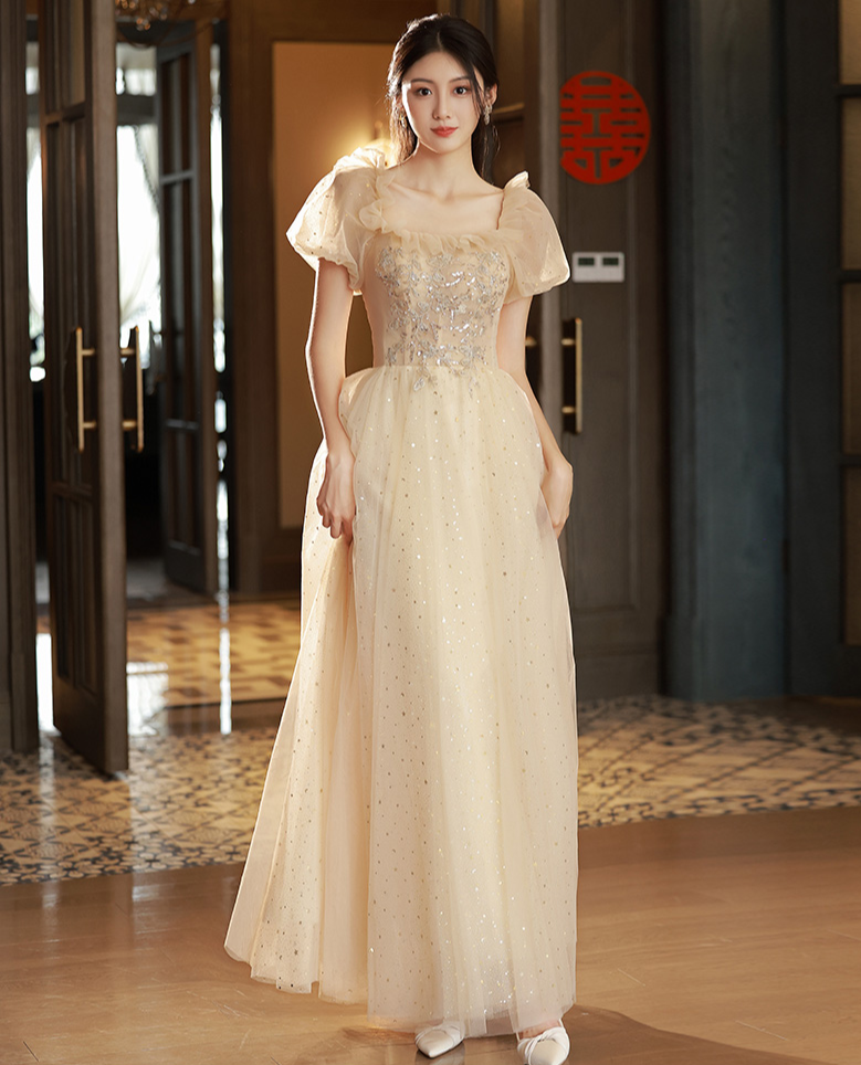Elegant Champagne A-Line Long Prom Dress - Shiny Formal Party Gown & Bridesmaid Dress for Weddings, Homecoming, Quinceañera & Special Occasions