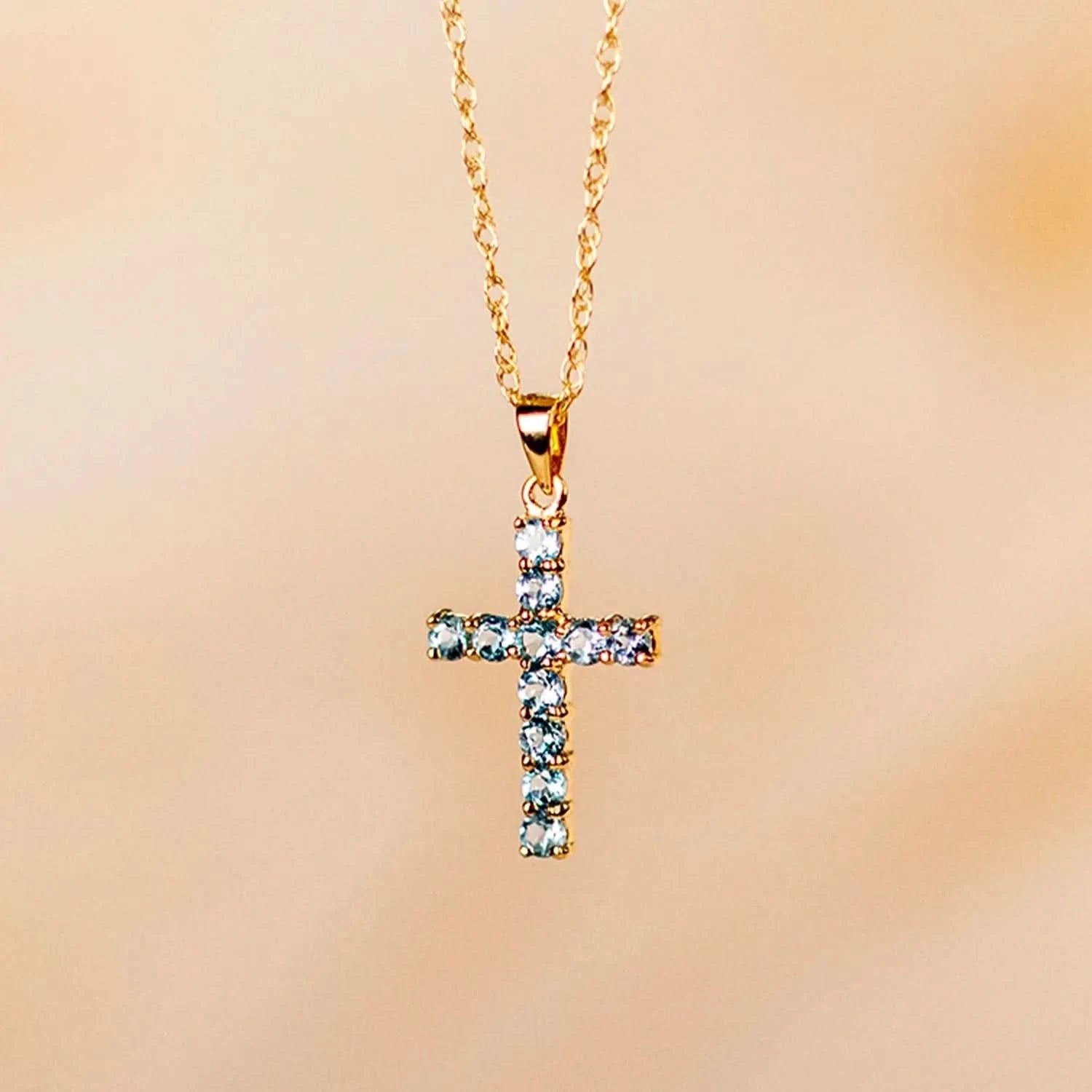 14K Solid Gold Blue Topaz Cross Pendant Necklace for Women - Elegant Religious Jewelry Gift for Baptism, Confirmation & Everyday Wear