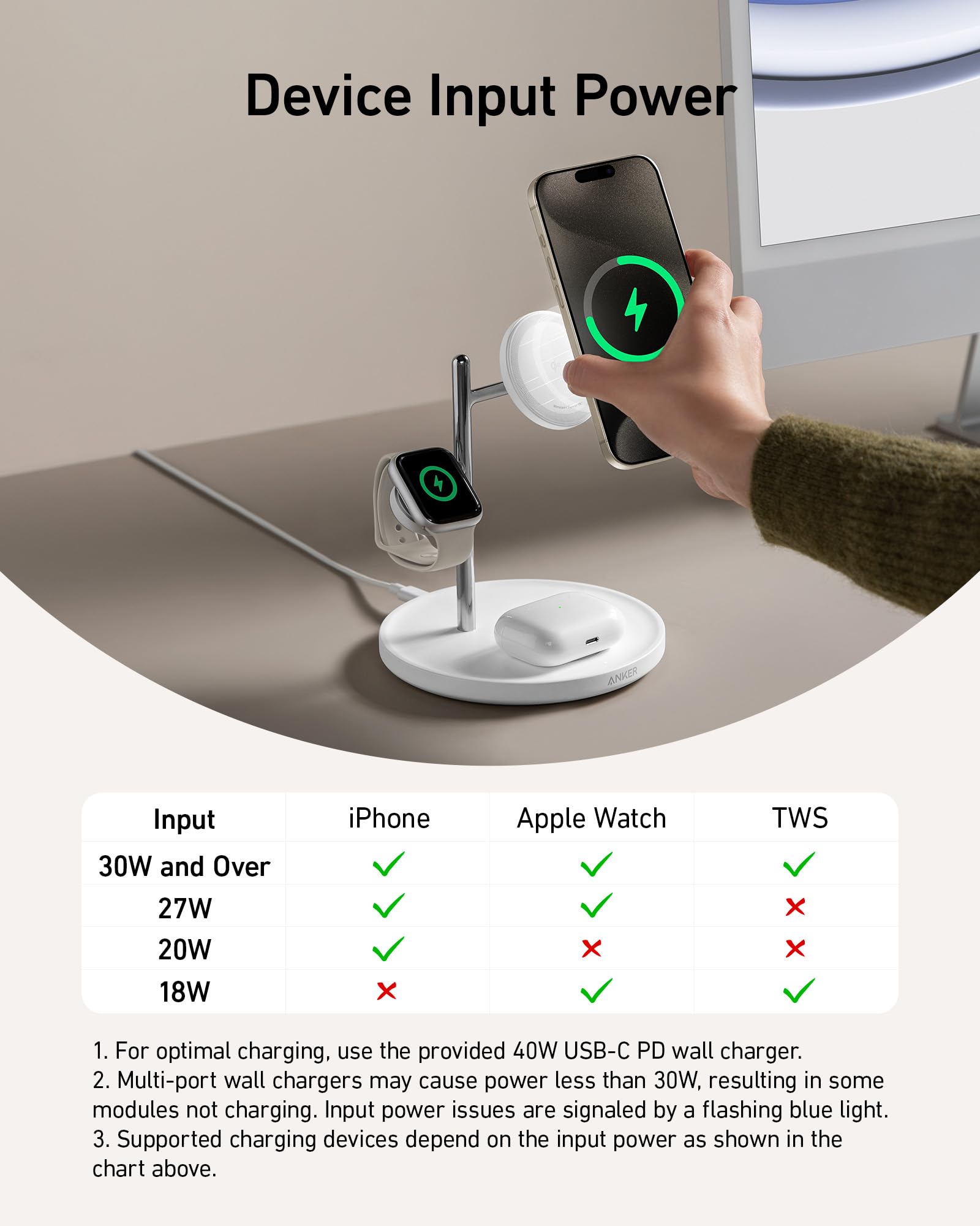 Anker 3-in-1 Wireless Charging Station with MagSafe | Qi2 Certified 15W Fast Charging Stand for iPhone 15/14/13 Series, AirPods Pro & Apple Watch Ultra | Includes USB-C Cable | Perfect for Home, Office & Travel Charging