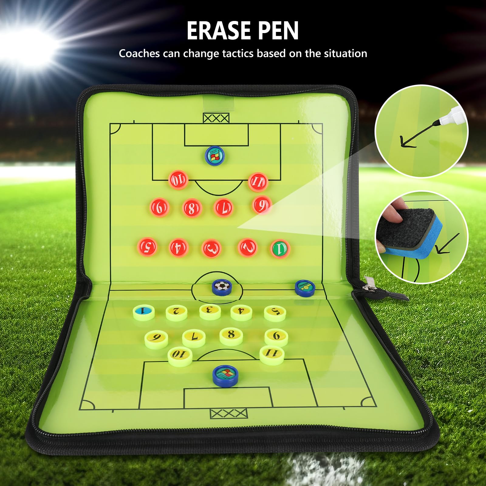 LUFEIS Professional Magnetic Soccer Coaching Board - Portable Tactical Football Whiteboard with Pens, Eraser, Brush, Timer & Whistle - Perfect for Soccer Coaches, Trainers & Tactical Training Sessions