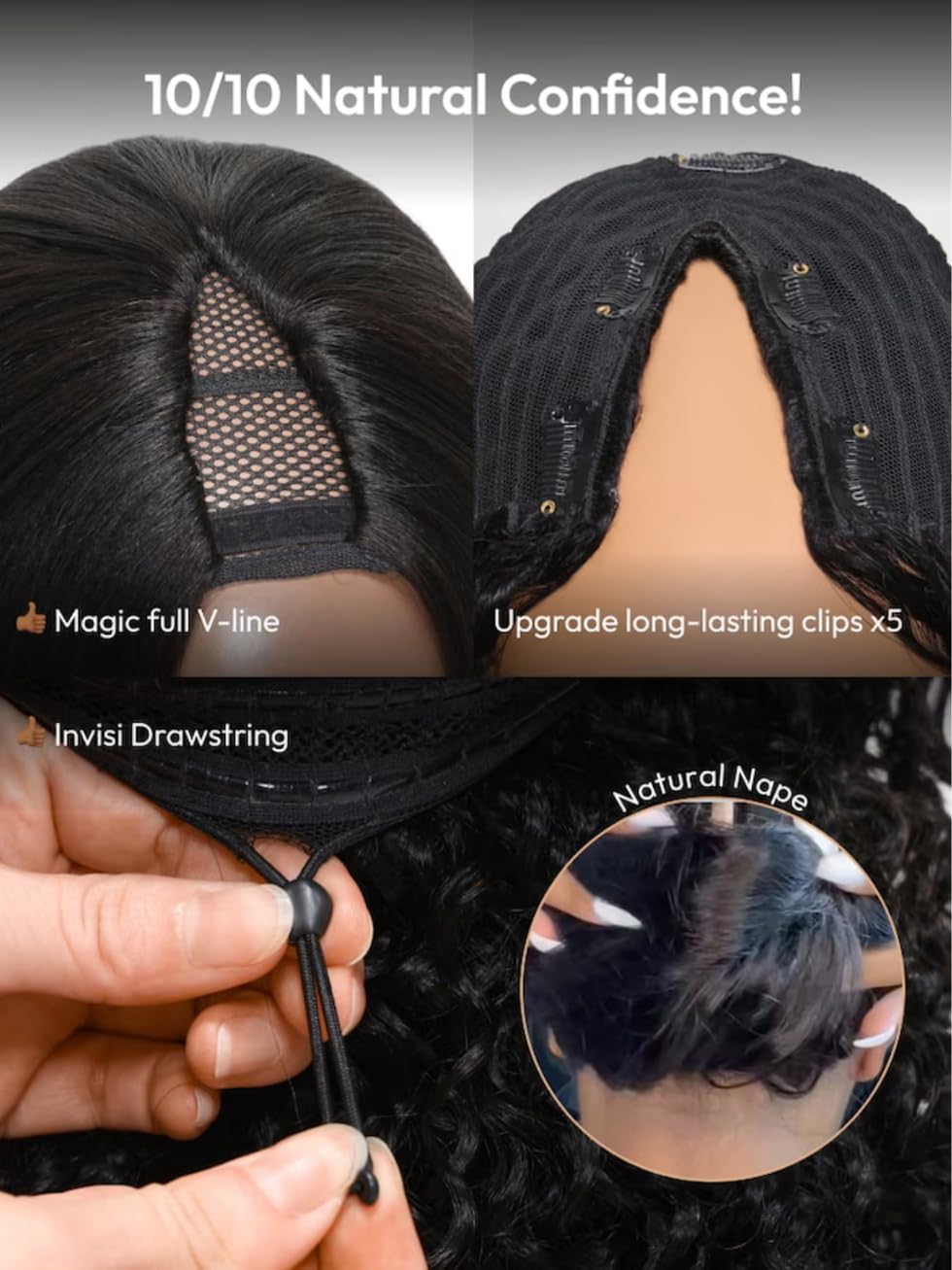 UNICE Glueless Kinky Curly V-Part Human Hair Wig - No Leave Out Upgrade U-Part Wig with Clips (150% Density, 22 Inch, Natural Black) | Afro Kinky Curly V-Shape Wig for Daily Wear, Parties & Special Occasions