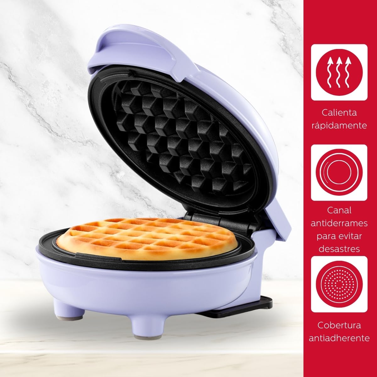 Holstein Housewares Mini Waffle Maker - 4 Inch Personal Waffle Iron with Non-Stick Coating, Quick & Easy Breakfast Maker - Perfect for Home, Office, Dorm or Travel - Lavender Purple Color