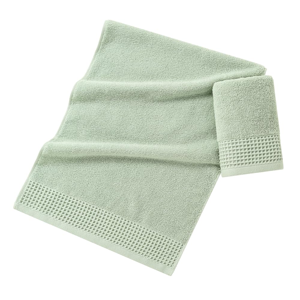 Premium 100% Cotton Hand Towels Set of 2 - Soft, Absorbent & Quick-Dry Terry & Waffle Weave Design for Bathroom, Kitchen & Guest Use - 13x29 Inch Green Decorative Towels - Perfect for Spring Home Decor & Daily Hand Drying