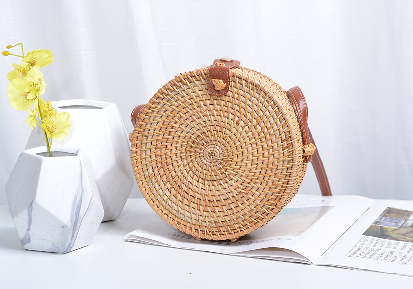 Handwoven Round Rattan Shoulder Bag - Natural Woven Beach Bag with Leather Strap for Women - Perfect for Tropical Vacations, Summer Outings & Boho Fashion Accessories