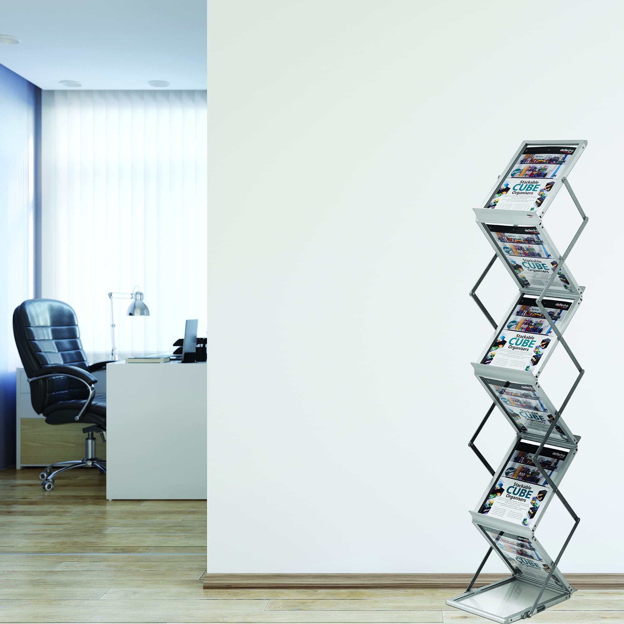 Deflecto Foldable A4 Literature Display Stand - 6 Shelf Portrait Brochure Holder for Exhibitions, Magazines, Flyers - Lightweight Aluminum Frame with Carry Bag | Perfect for Trade Shows, Retail Displays & Office Organization