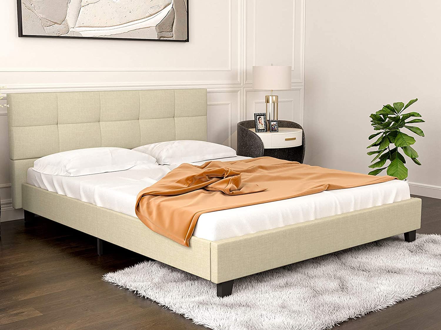 Valkynos Queen Size Platform Bed Frame with Upholstered Wingback Headboard - Linen Fabric & Tufted Square Stitching - Sturdy Wood Slat Support (No Box Spring Required) - Beige - Perfect for Modern Bedrooms & Guest Rooms