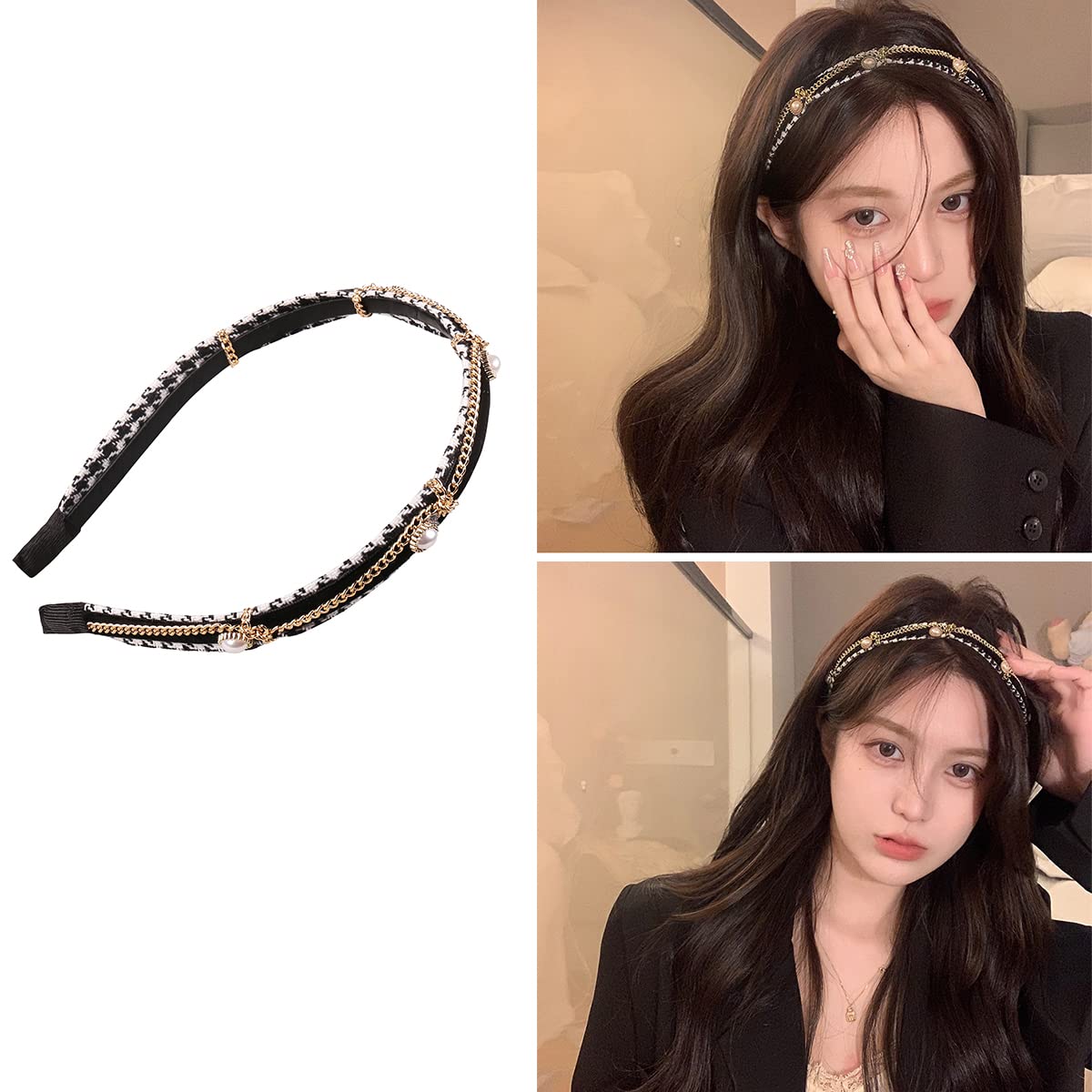 YARN & INK Women's Fashion Headband with Gold Chain & Pearls - Non-Slip Hair Accessory for Women & Girls - Perfect for Holiday Parties, Christmas Gifts & Special Occasions