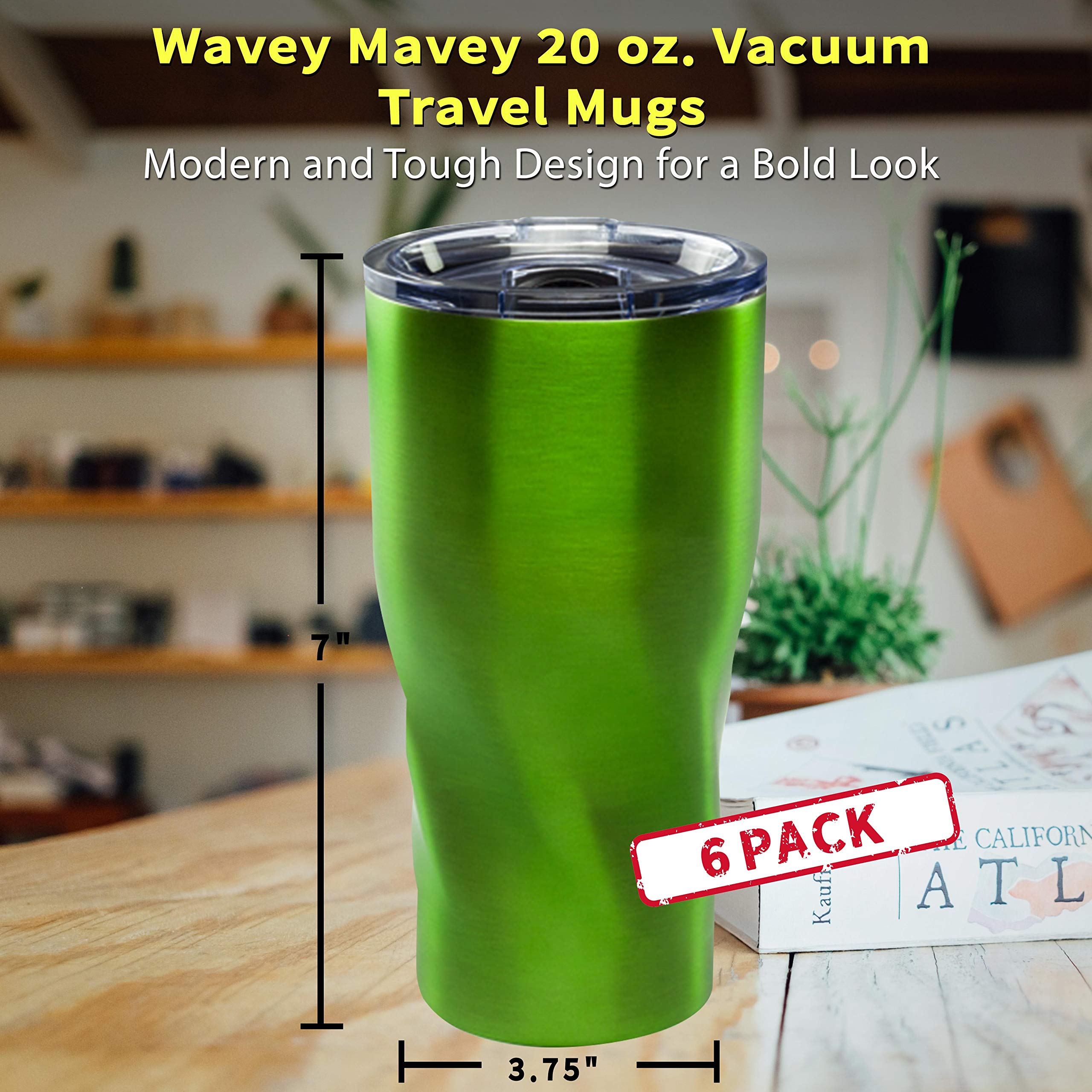 Wavey Mavey 20 oz Vacuum Insulated Travel Mugs 6-Pack - Green | Leak-Proof Stainless Steel Coffee Tumblers for Hot & Cold Drinks | Perfect for Commuting, Camping & Office Use