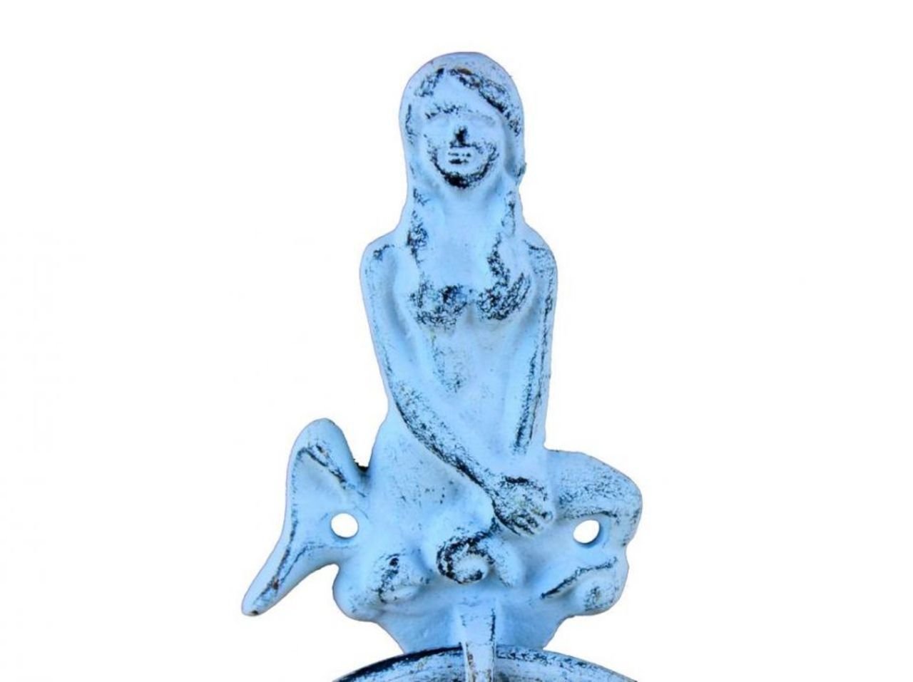 Rustic Dark Blue Whitewashed Cast Iron Mermaid Towel Holder - 8.5 Inch Metal Wall Hook for Bathroom, Kitchen, or Beach House Decor | Mermaid-Themed Home Accessory